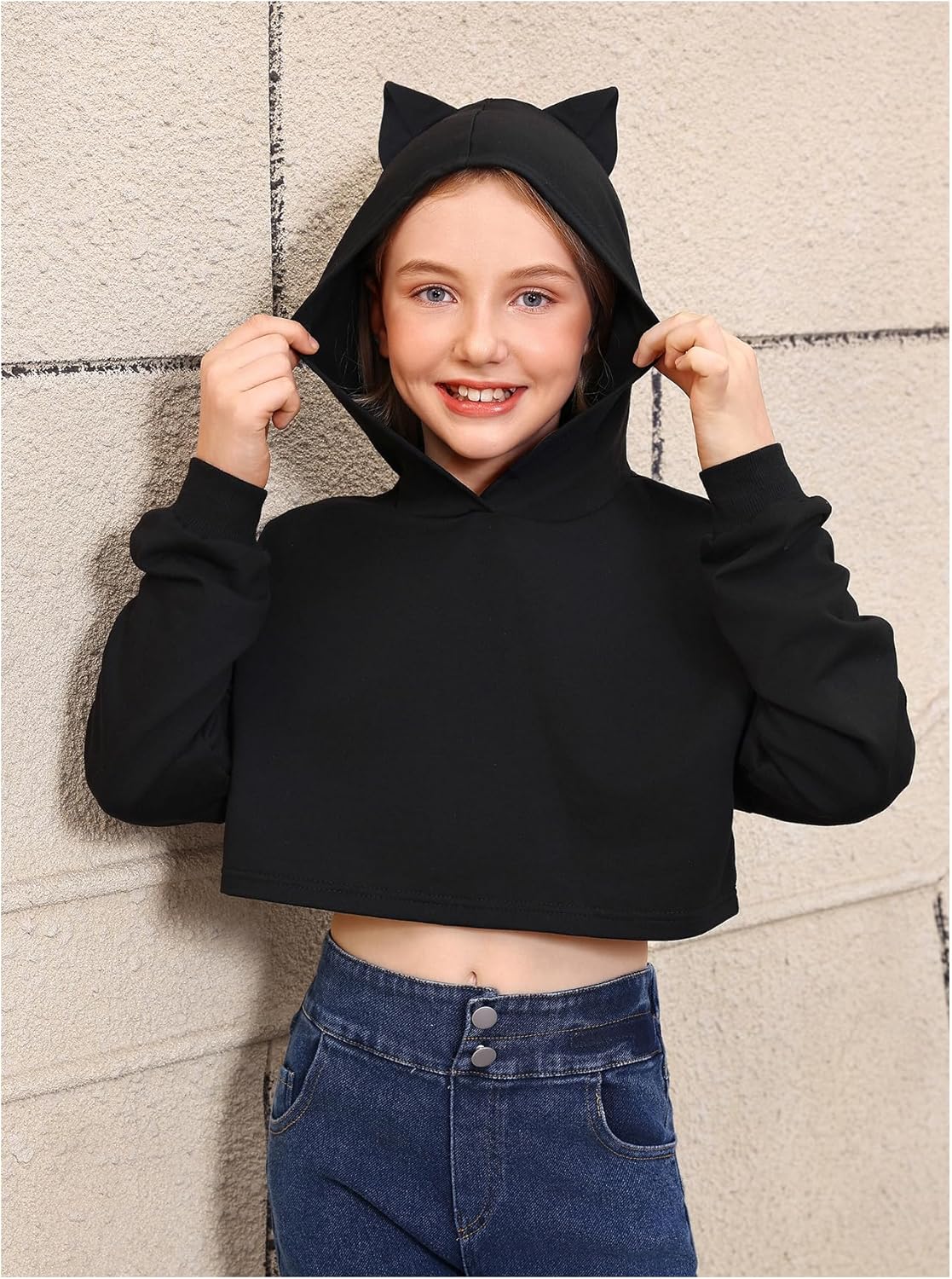 WDIRARA Girl's Cute Cat Ear Crop Tops Long Sleeve Causal Plain Hoodie Sweatshirt Shirt - Image 2