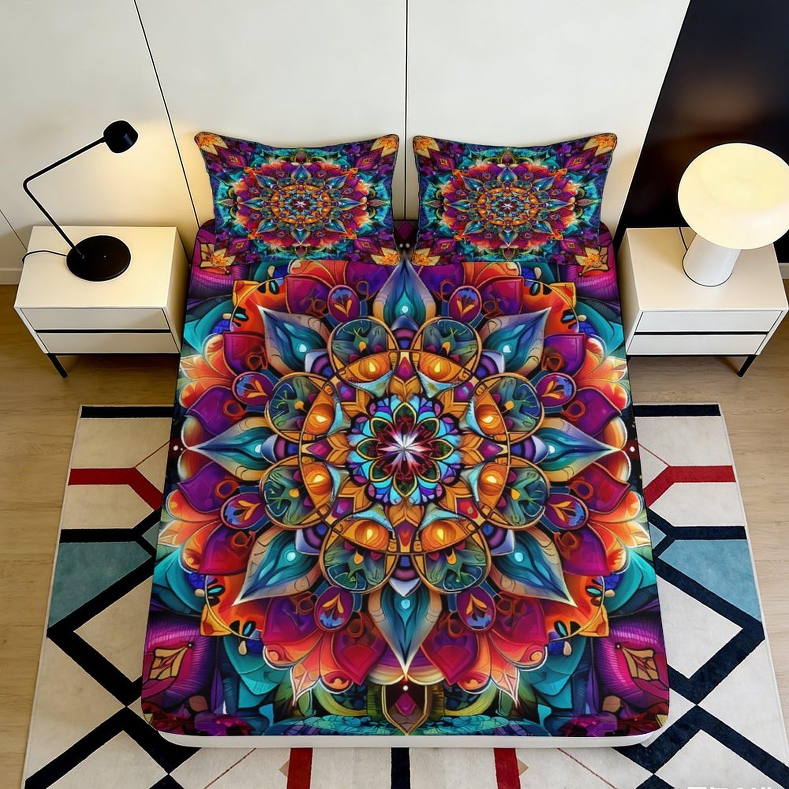 Zfldkwgb Style-10 3D Printed Mandala Art Fitted Sheet Microfiber Soft Vibrant Boho Floral Bed Sheet Kaleidoscope Mattress Cover For Home Bedroom Decor 90X200x25cm
