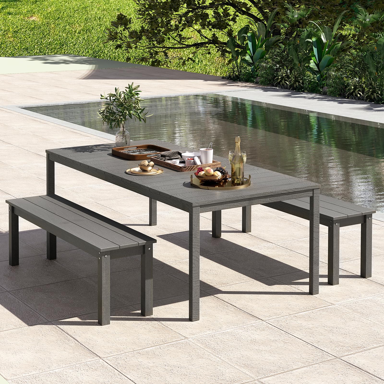 COSTWAY Banc Exterieur Jardin pour 2-3 Personnes, Banc de Jardin en HDPE, Surface en Grain de Bois, Barres en Métal, Banquette pour Porche Piscine Cour, Charge 340 kg, 140 × 35 × 45 cm (Gris)