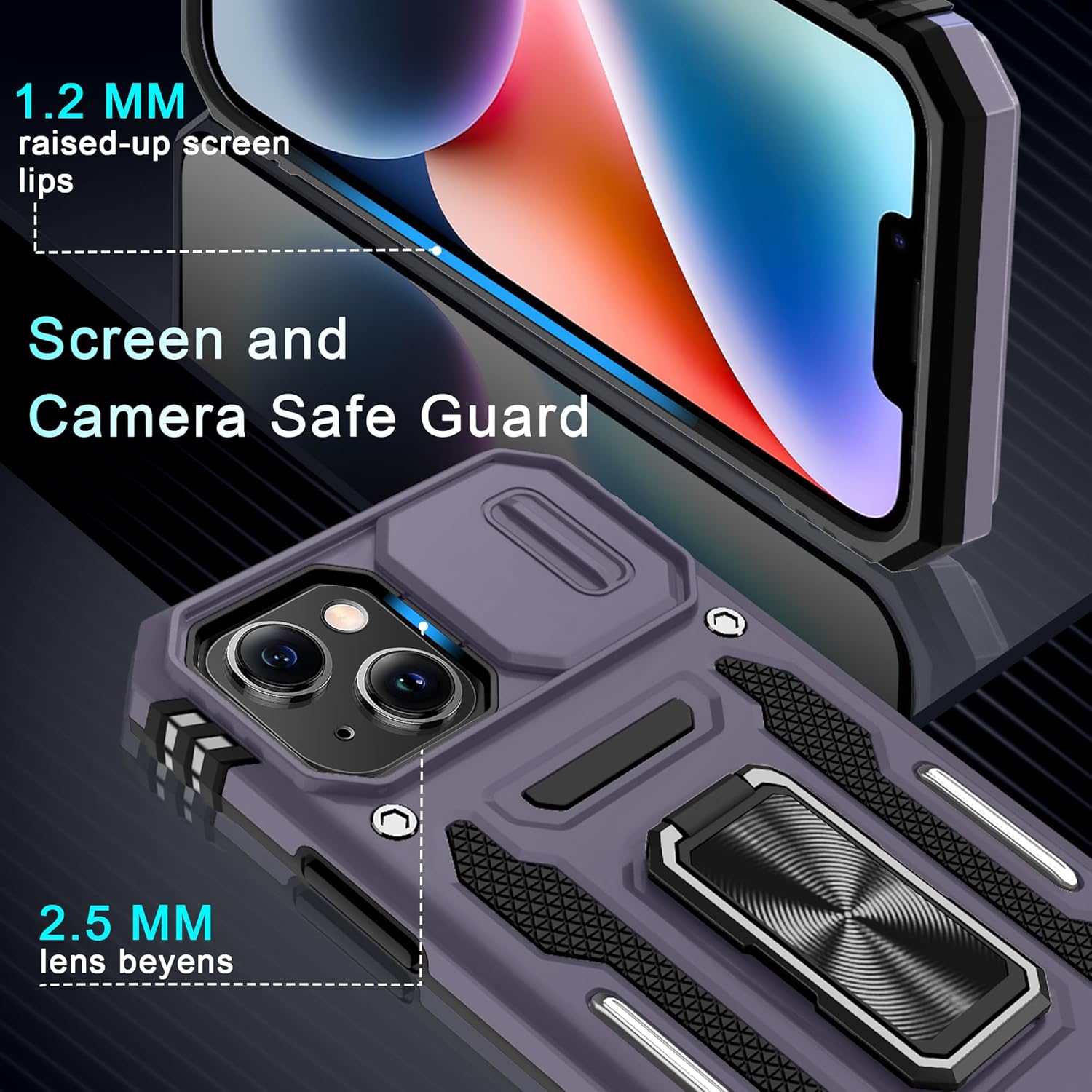 DEERLAMN Case for iPhone 14 Plus with Slide Camera Cover+Screen Protector(1 Pack), Rotated Ring Kickstand Military Grade Shockproof Protective Cover 6.7 Inch-Deep Purple - Image 6