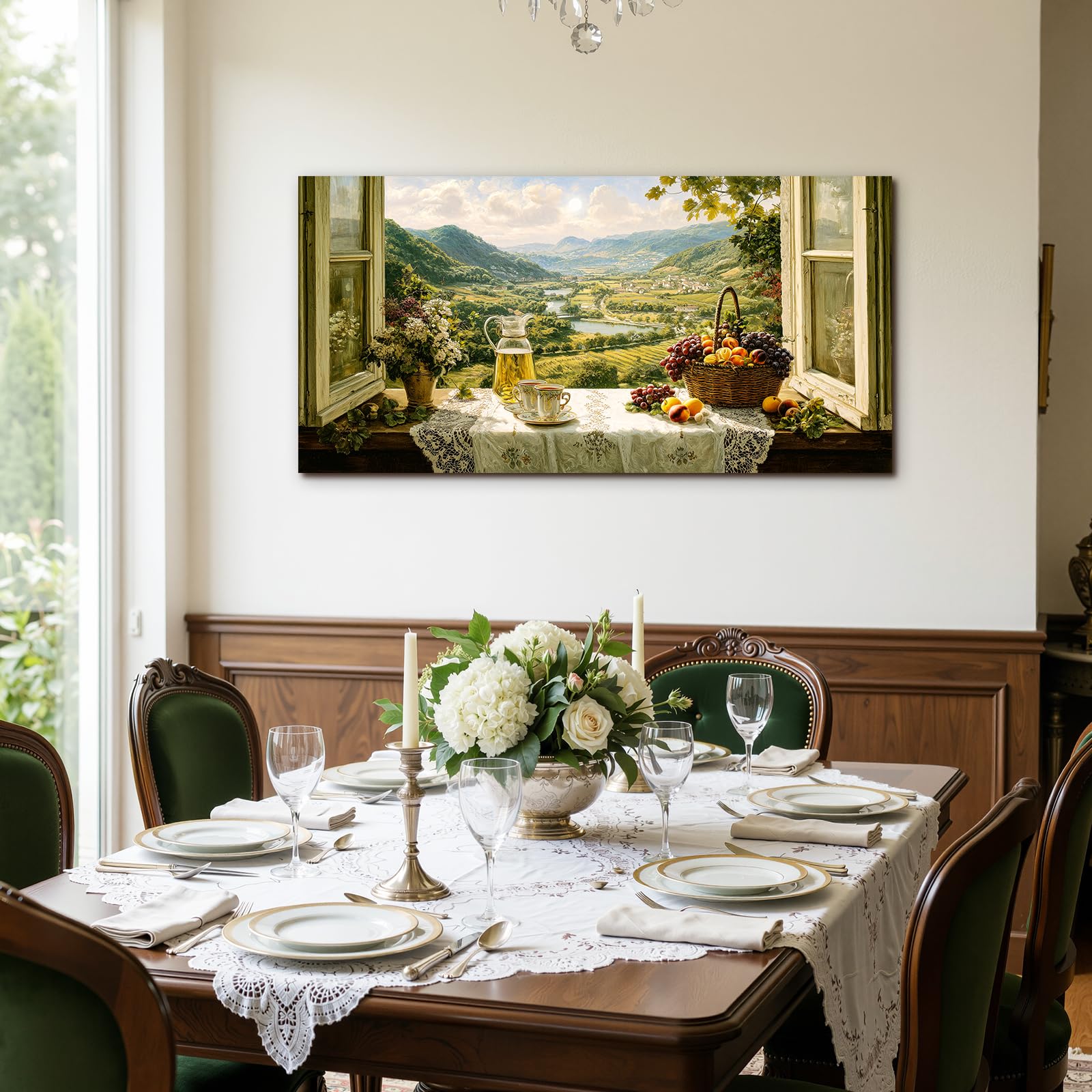 SERIMINO Modern Wandbild Küche Landschaft Leinwand Bilder Groß 59x119 cm | Blumen Früchte Berg Fluss Wanddeko, Hochauflösender Druck, Leinwand Holzrahmen, Einfache Montage, Raum Und Geschenk Geeignet