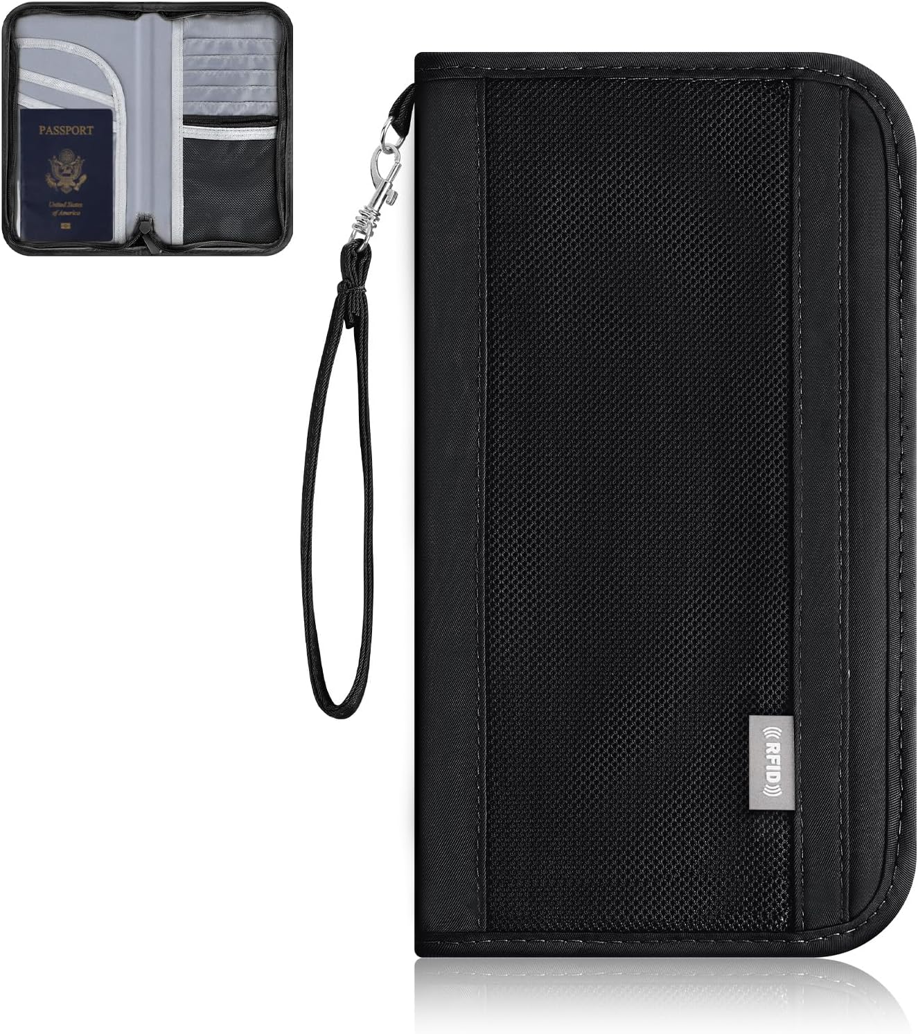 Family Passport Wallet with RFID Blocking, Travel Passport Holder with Wrist Strap, Travel Document Organizer Zipper Pouch for Women Men (Black)