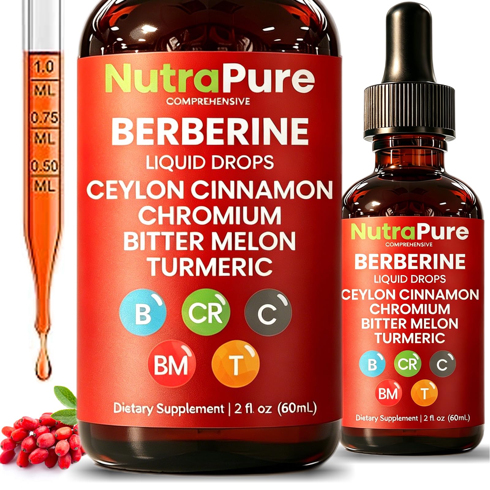 NutraPure Comprehensive Berberine Drops, Pure Berberine Drops with Ceylon Cinnamon, Chromium, Glucomannan, Apple Cider Vinegar, Gymnema + Turmeric, No