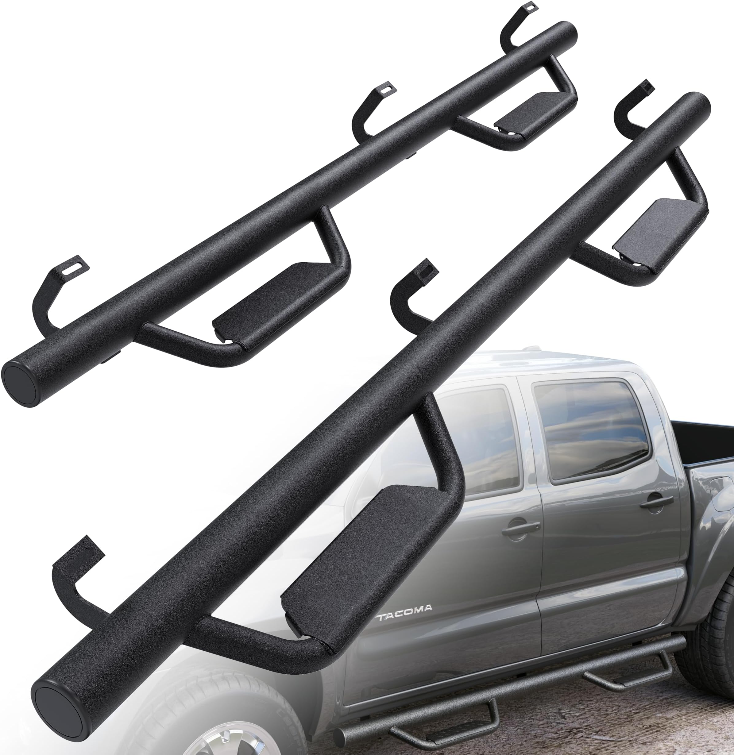 Running Boards Compatible with 2005-2023 Toyota Tacoma Double Cab Dropped Steps Side Steps Hoop Bar Nerf Bars Door (Matte Black)