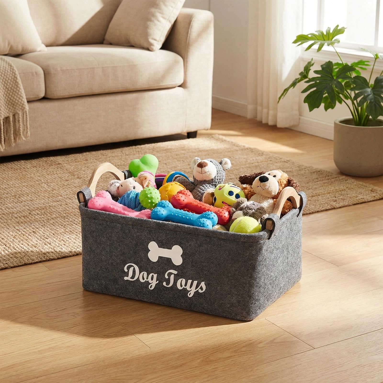 Vauki Caja de almacenamiento para juguetes para perros, 38 x 25 x 18 cm, plegable, de fieltro con mango de madera, cesta de almacenamiento para guardar suministros para mascotas y juguetes (gris