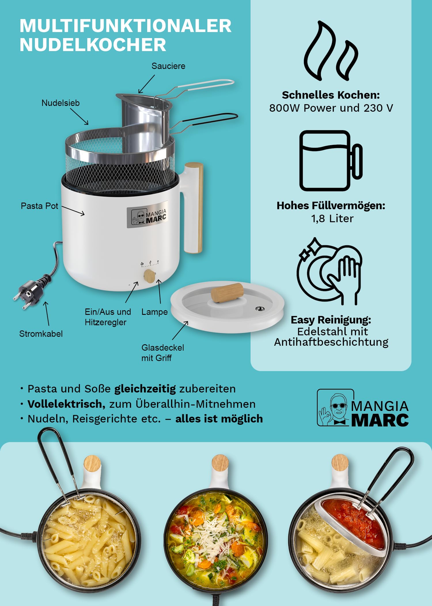 All-In-One Pastapot I Nudelkocher mit Sieb & Sauciere | Pasta & Soße in nur 5 Minuten I Vollelektrischer Pastakocher I Kein Herd nötig