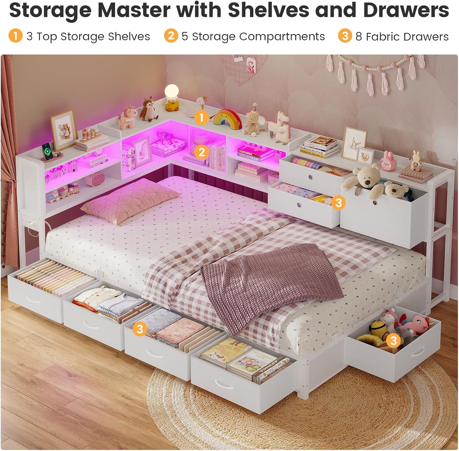 BTHFST Corner Bed Frame with Charging Station & Led Lights, Twin Bed Frame with 8 Storage Drawers & Bookcase, Twin Daybed with Storage Headboard for Kids Guests, White