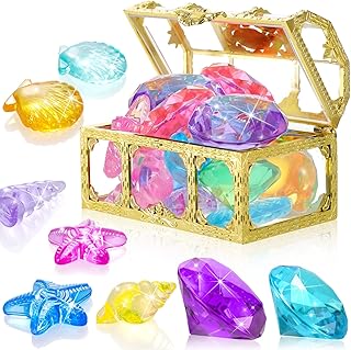 Skylety 12 Pcs Diving Gems Swimming Pool Toys and 1 Treasure Chest Box, Colorful Acrylic Plastic Gems Gold Treasure Storage Box Underwater Gemstones Toy Set for Parties Birthday Decoration