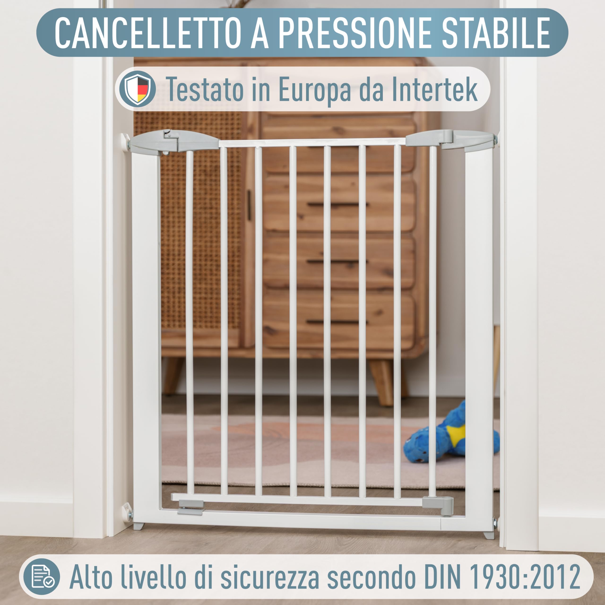 IB STYLE Cancelletto per Bambini Yael 73,5-81,5 cm – Sicurezza senza fori, montaggio a pressione, metallo robusto, apertura una mano, stop 90°, protezione casa bambini e cani, bianco
