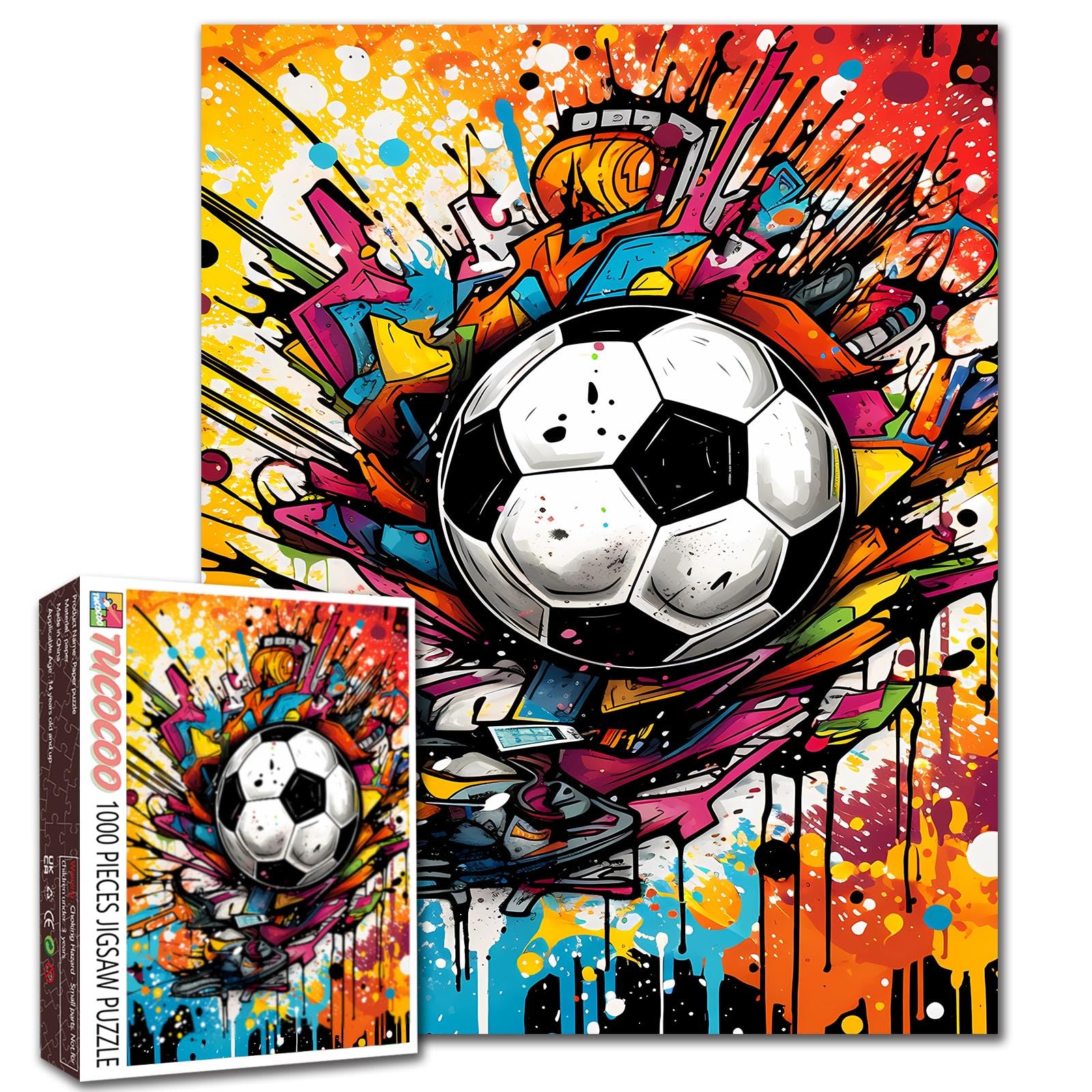 Graffiti Football Puzzle Ball Sports Black White Ball Jigsaw Magic Picture 1000 Pieces Puzzles for Adults Beginner Challenging Family Activity Games DIY Crafts Puzzle for Home Decor Gifts