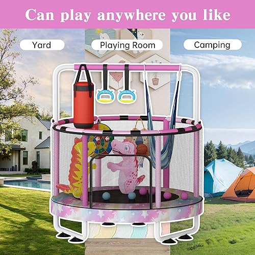 Miniatura 8 de Lamerge Kids Trampoline, Toddler Bouncing Trampoline with Safety Enclosure Net, ASTM-Approved, 500lbs Capacity, Ages 1-8, Adjustable Handrail,