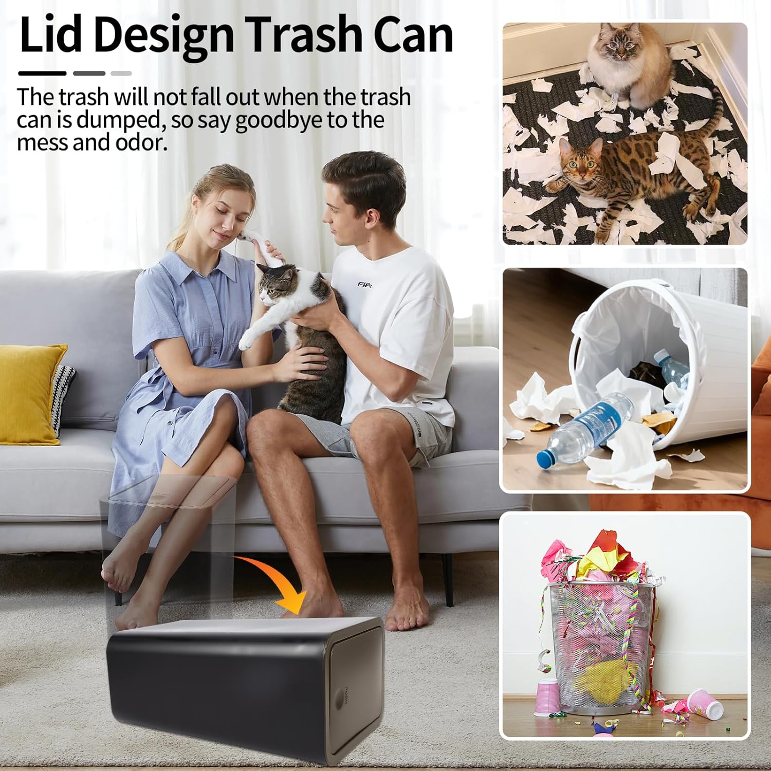 4 Gallon (15L) Slim Dog-Proof Trash Can with Press Pop-Up Lid - Odor-Blocking Small Garbage Can Includes 75 Trash Bags, Space-Saving Design for Bedroom, Kitchen, Bathroom & Office