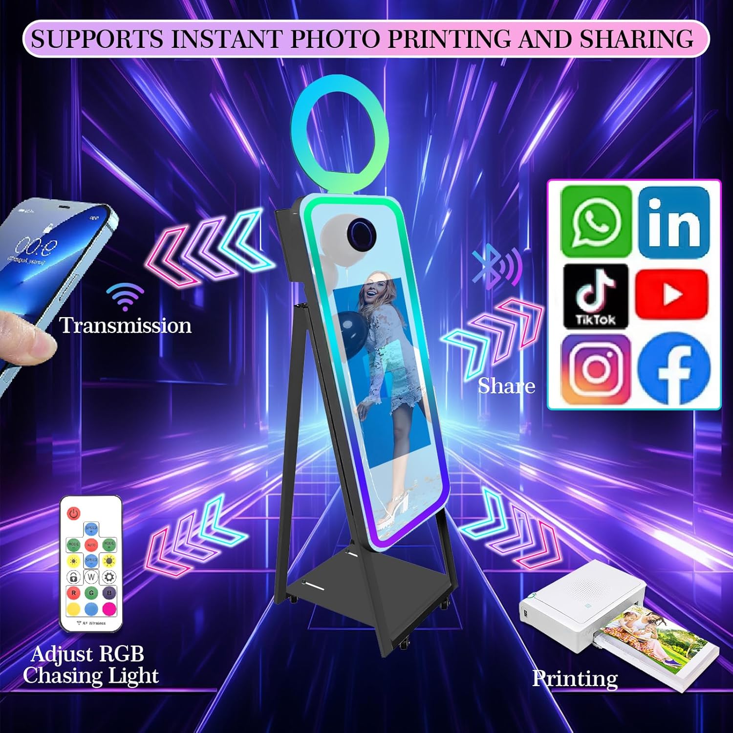 Mirror Photo Booth Selfie Led Frame Portable Touch Screen Magic Mirror Booth Machine for Wedding Party Events (40"(Black)+Flight Case)