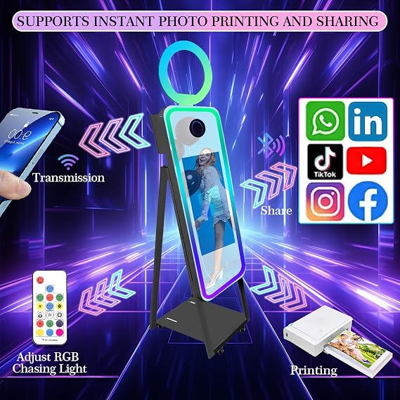 Mirror Photo Booth Selfie Led Frame Portable Touch Screen Magic Mirror Booth Machine for Wedding Party Events (Black, 40inch Booth+Flight)