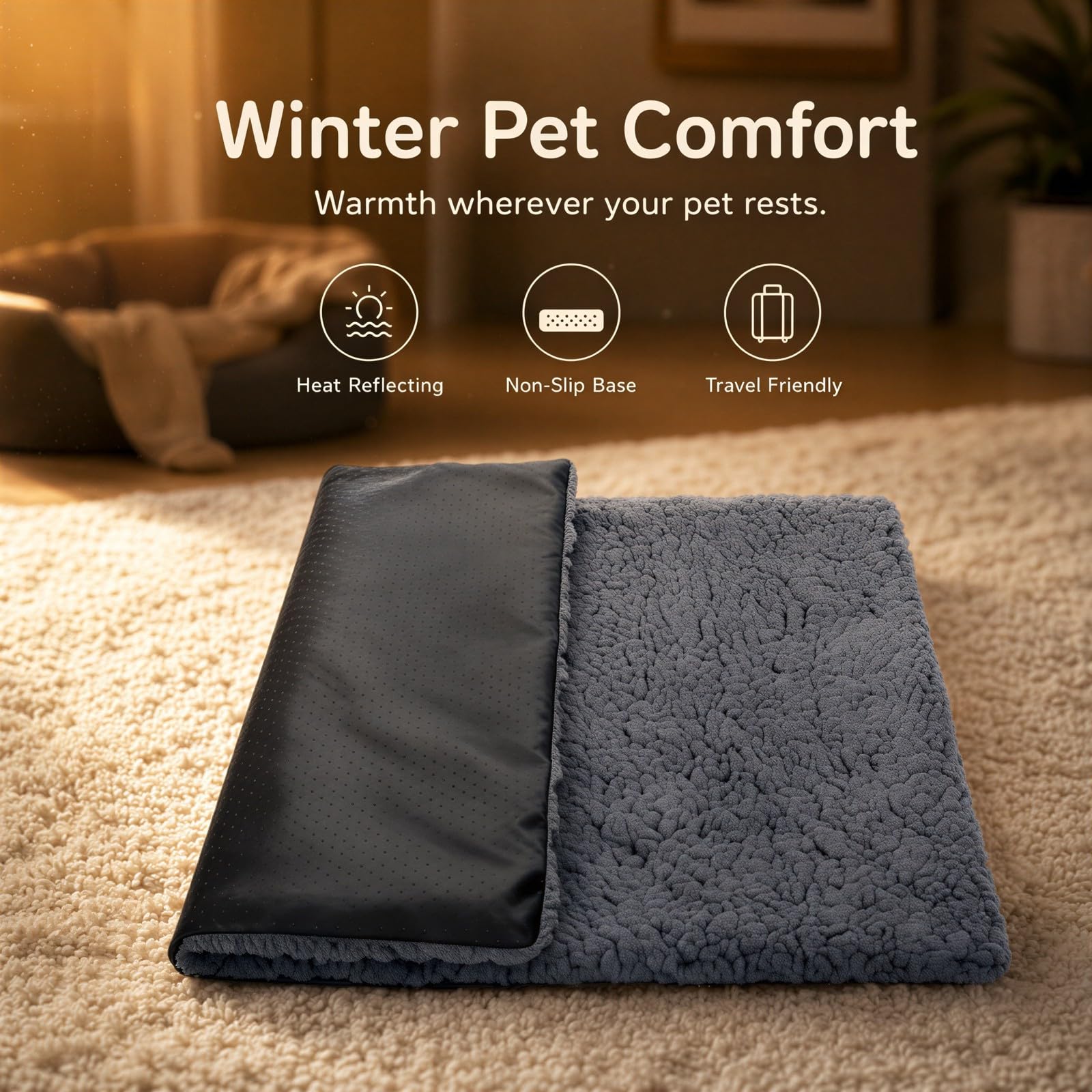 Selbstwärmende Haustiermatte, Thermo Hundematte mit weichem Lammvelours, ohne Strom für den Winter, rutschfeste Wärmematte für Transportboxen und Hundehütten, waschbar für innen