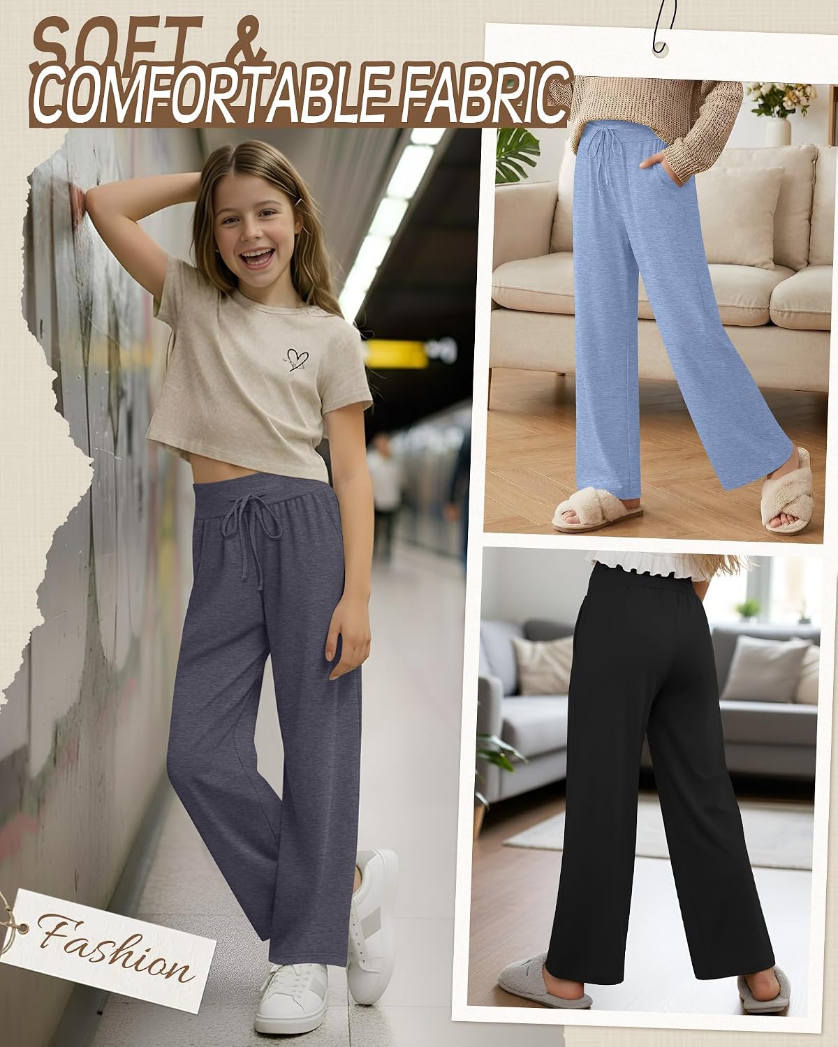 3 Pack Girls Pants Casual Wide Leg Baggy Yoga Trousers Kids Loose Sweatpant Open Bottom with Pockets 5-14y