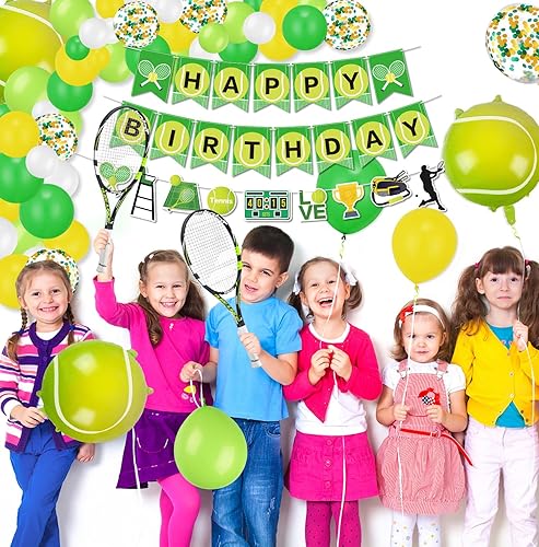 Miniatura 6 de Decoraciones de fiesta de tenis, incluye pancarta de tenis de feliz cumpleaños, globos de tenis, adornos para cupcakes para hombres, mujeres, niños,
