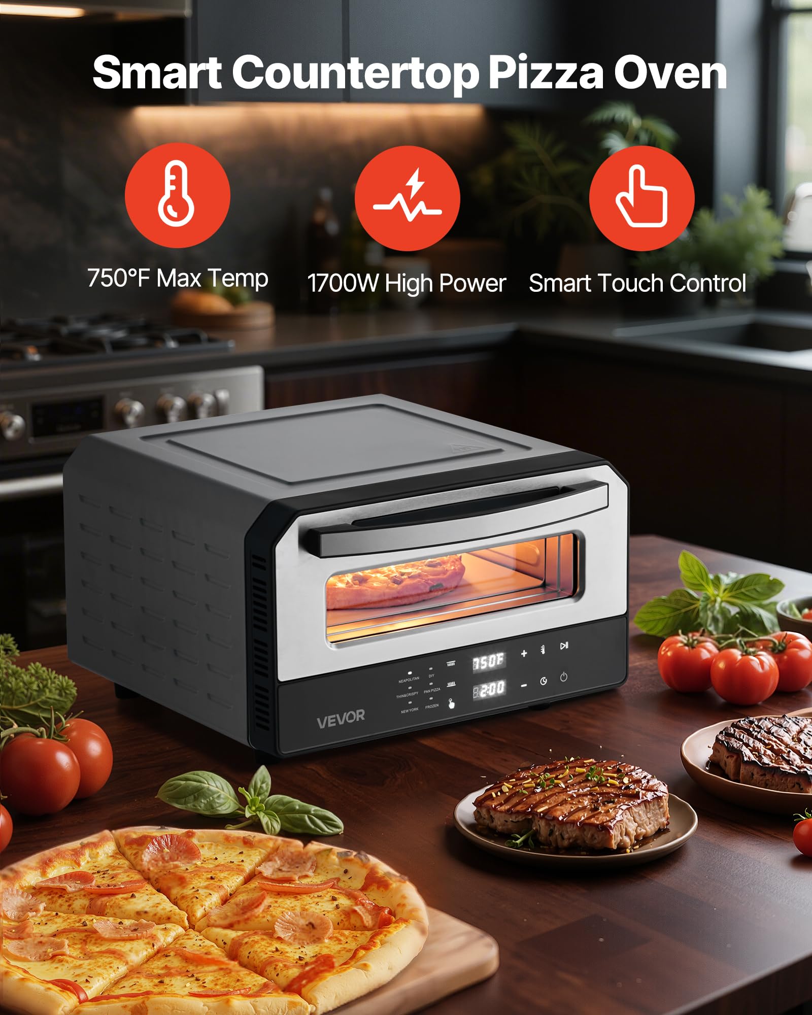 VEVOR Electric Pizza Oven, Smart Pizzas Maker Indoor with 5 Preset, 12-Inch Countertop Pizza Cooker w/Touch Srceen, 750℉ Max Temp, 2-Min Rapid Baking Oven Thin & Crispy, Neapolitan, Frozen, New York - Detailed View
