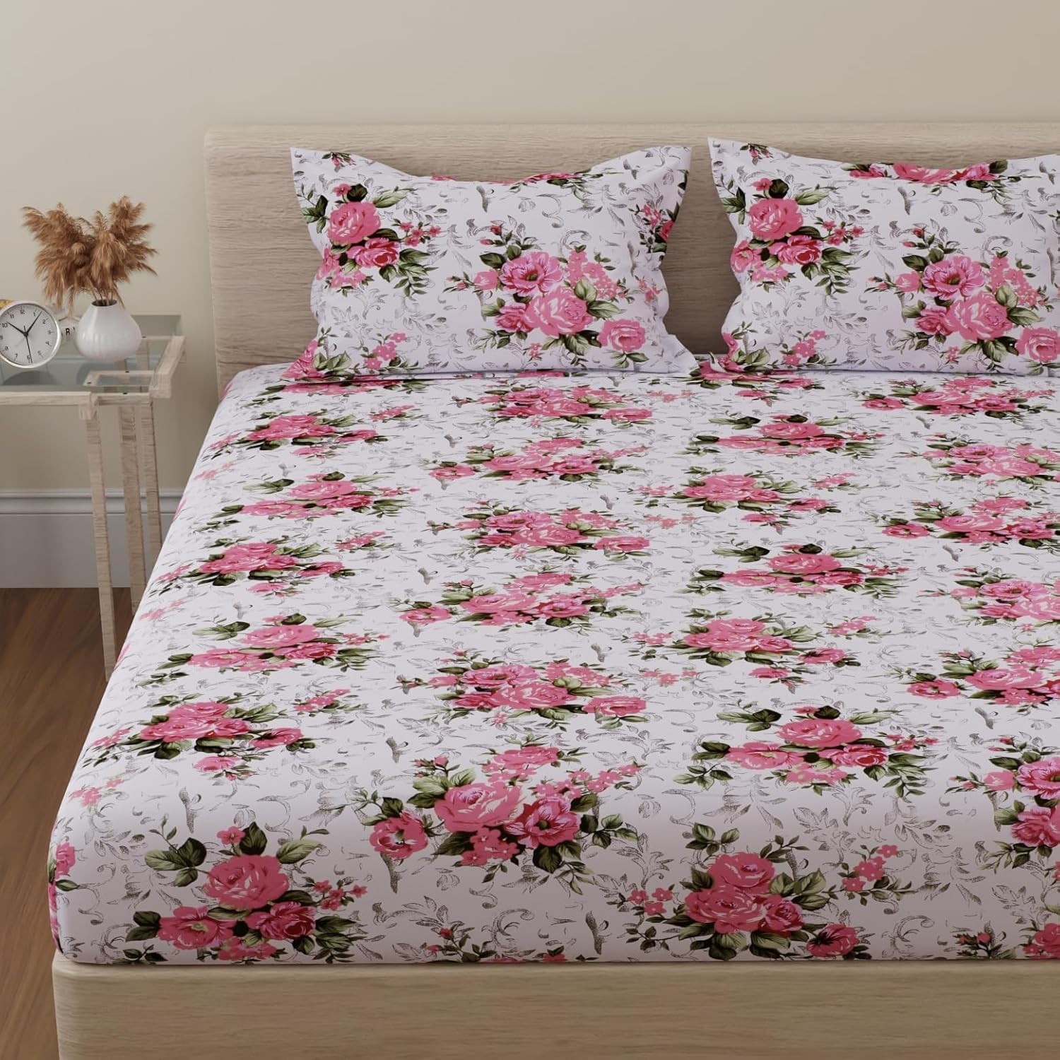 HUESLAND by Ahmedabad Cotton 144 TC Cotton Bedsheet for Double Bed with 2 Pillow Covers - White, Pink, Green