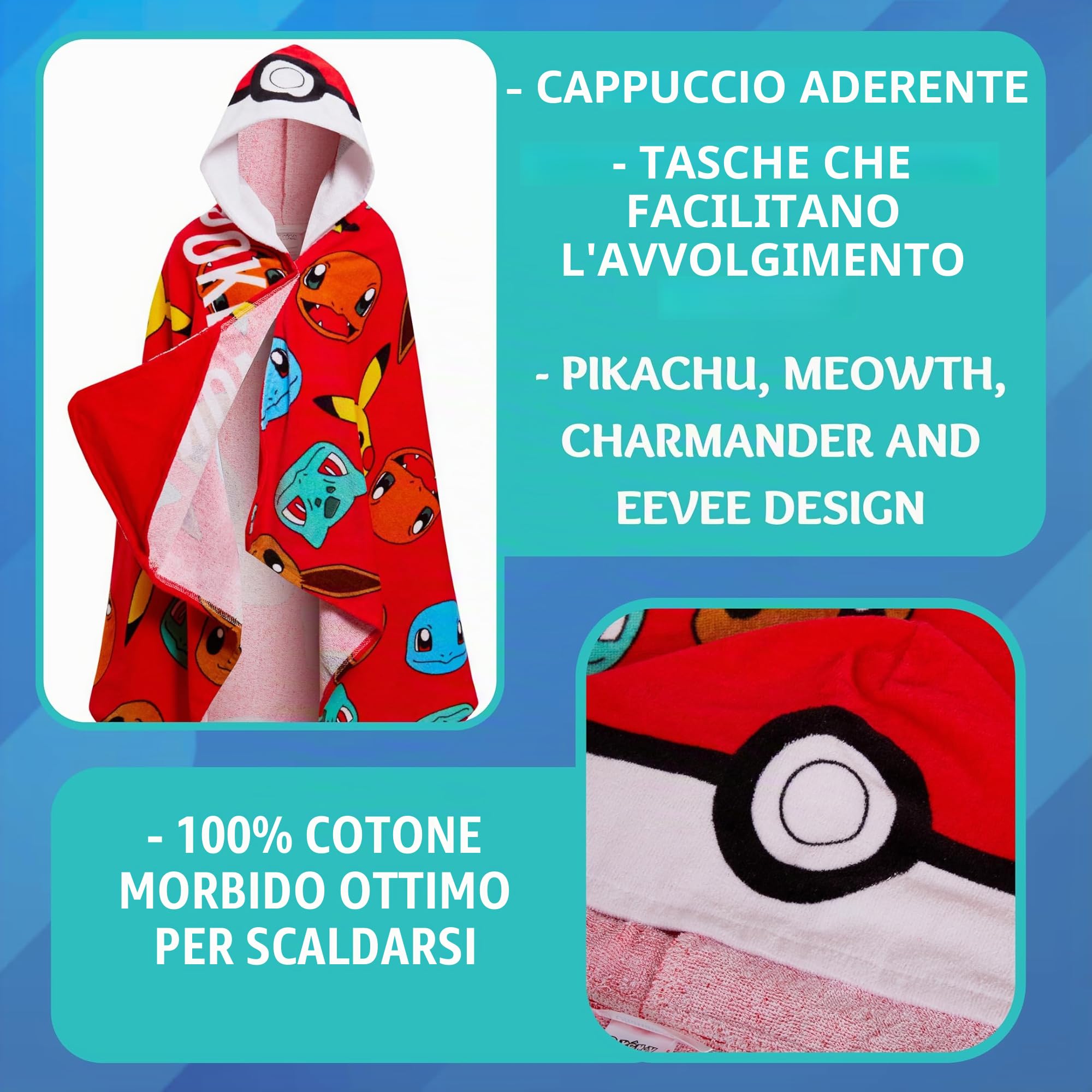 Pokémon Asciugamano con Cappuccio 100% Cotone - Poncho per Bambini da Spiaggia e Bagno Pokeball Pikachu - Avvolgente Copertura per il Cambio, Rosso