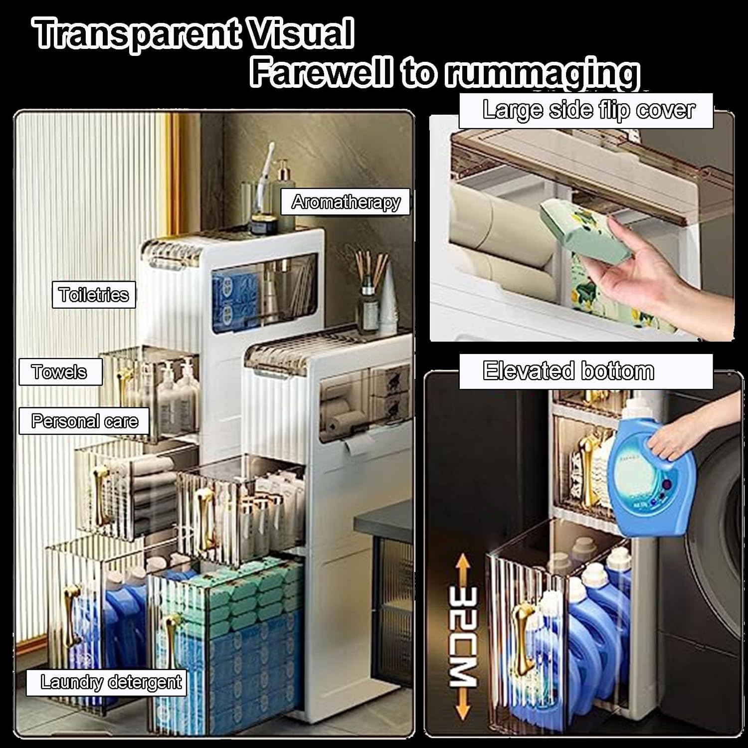 Waterproof Bathroom Storage Cabinet Shelves with Tissue Holder - Skinny Slim Toilet Side Storage Shelf, Scroll Design, Easy Assembly