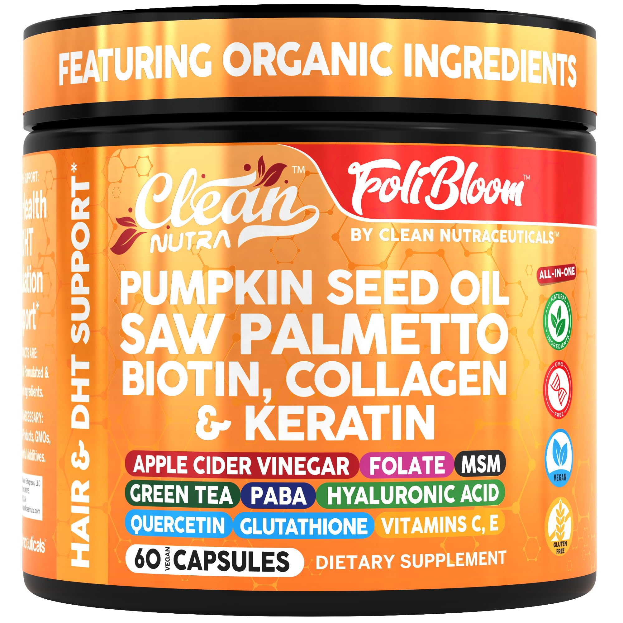 Clean Nutra Pumpkin Seed Oil Saw Palmetto Biotin Collagen Keratin MSM Folate Hyaluronic Acid Supplements B12 Zinc Hair Supplement for Women Men Iodine 5-MTHF B-12 Vitamin B9-60 Vegan Capsules Count