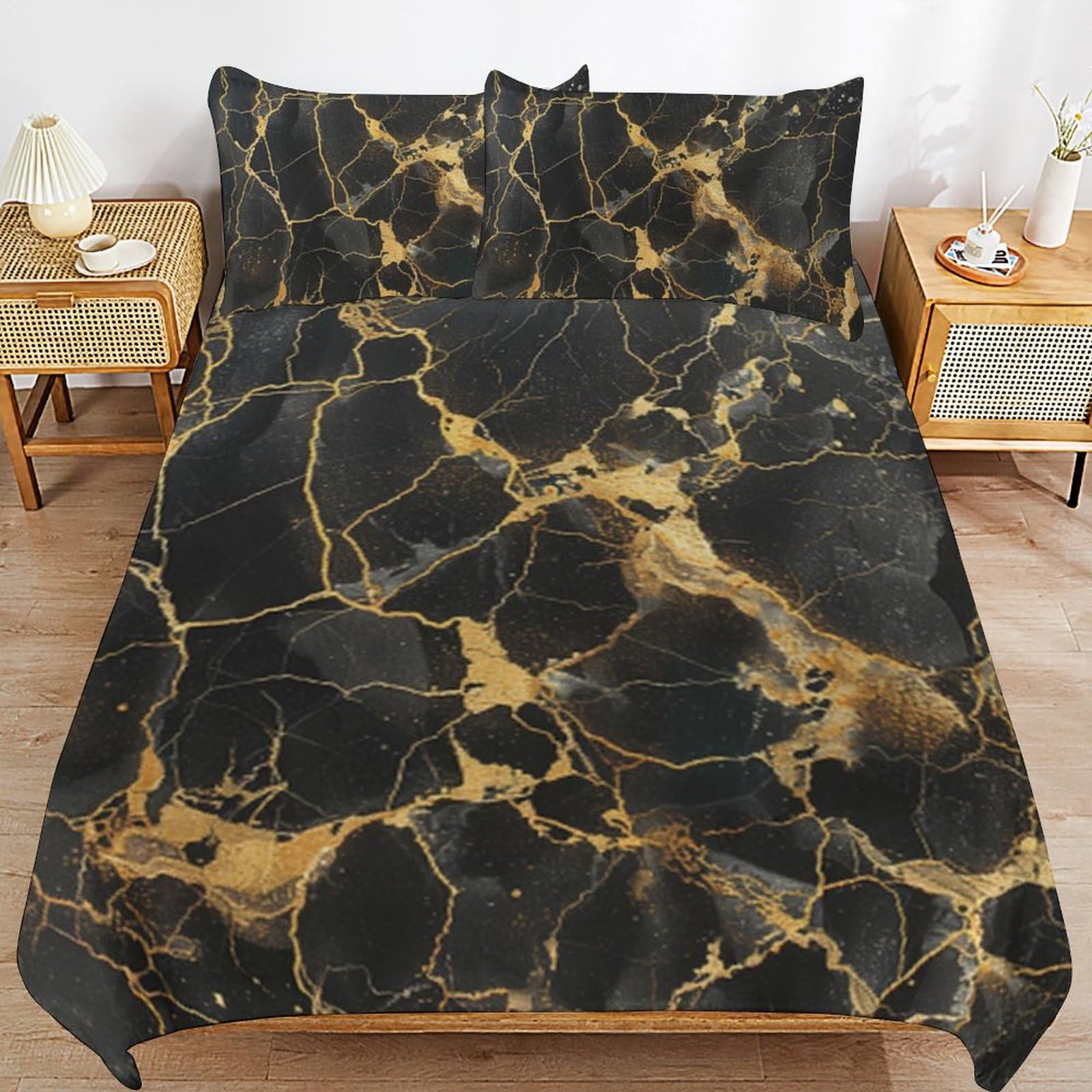 Ropa de cama de 220 x 240 cm en mármol dorado con dos fundas de almohada suaves