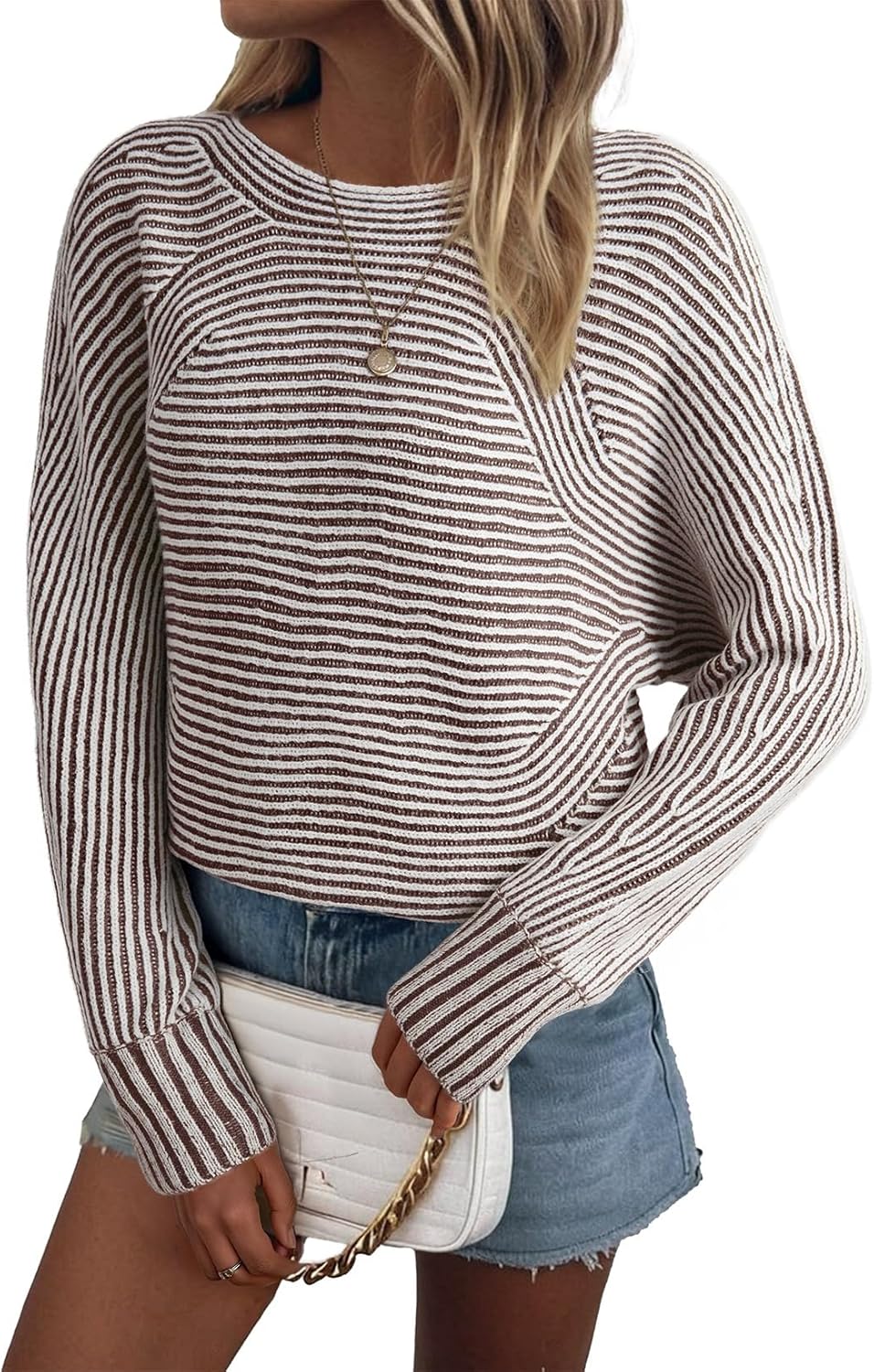 EVALESS Striped Sweaters for Women Boat Neck Batwing Sleeve Oversized Pullover Sweater Tops Womens Fall Clothes Outfits