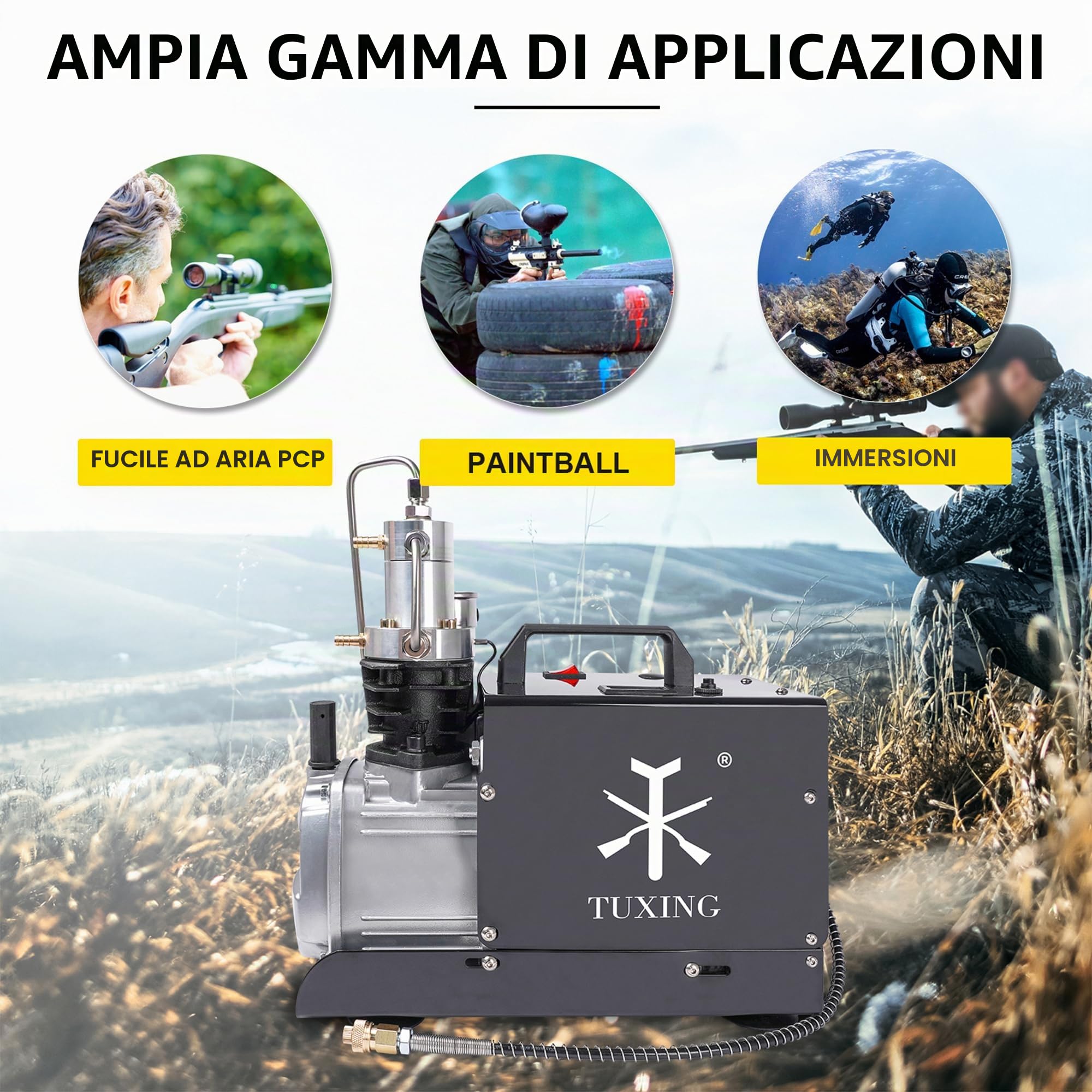 TUXING Compressore d'aria Pcp, compressore elettrico a pressione regolabile con doppio sistema di raffreddamento acqua/ventola per fucile ad aria compressa Pcp, ricarica serbatoio sub 220V
