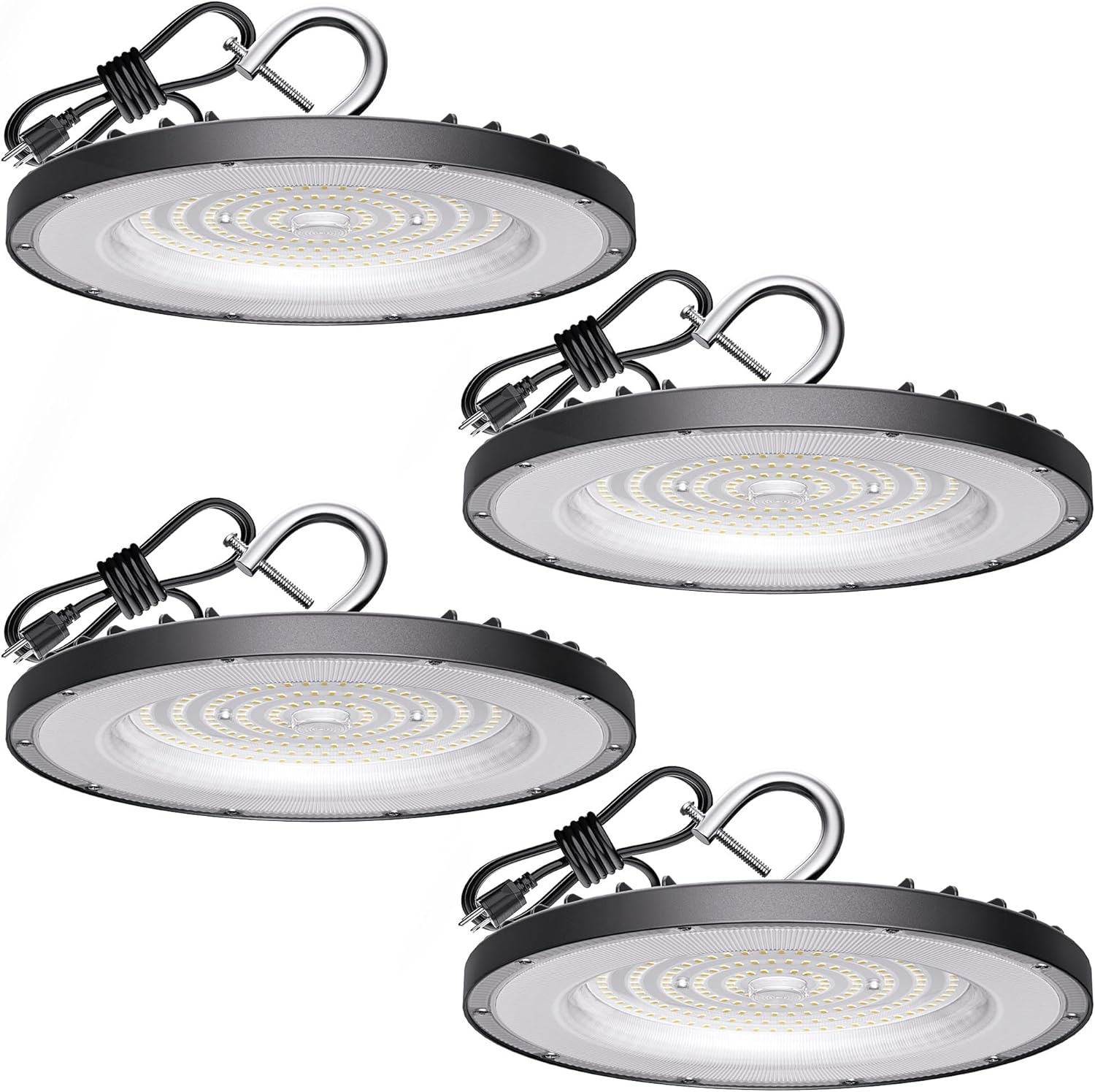 4 Pack LED High Bay Light 150W, 21000lm, 6000K Daylight UFO High Bay LED Shop Lights with 5' Cable US Plug, IP65 Waterproof 120V Commercial Lighting Fixture for Warehouse Workshop Barn Factory