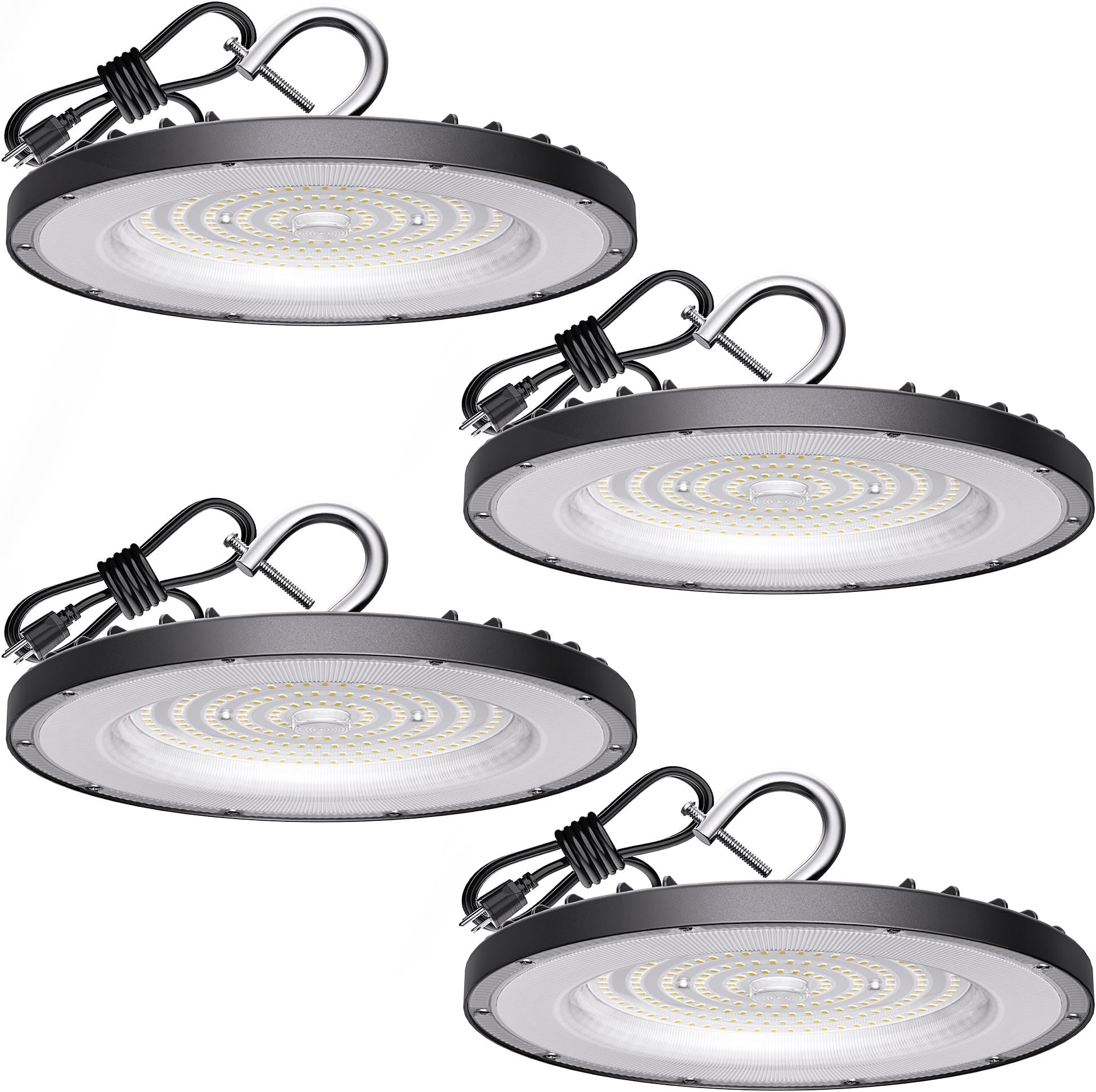 4 Pack UFO LED High Bay Light 150W(600W MH/HPS Equiv.), 21000lm, 5000K Daylight High Bay LED Shop Lights with 5' Cable US Hook, IP65 Commercial Light Fixture for Warehouse Workshop Barn Factory
