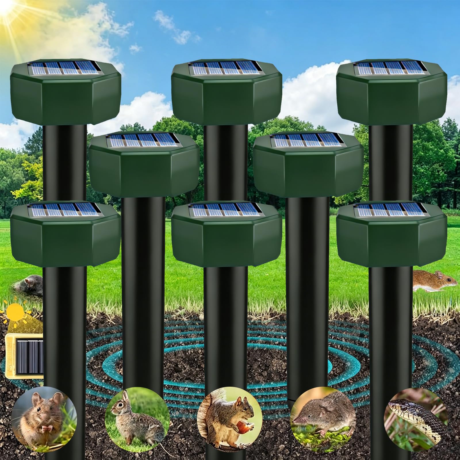 Mole Repeller Solar Powered Repellent Mole Voles Gopher Mice and Rats Rodents Sonic Repeller Pest Control Snake Repellent Mole Deterrent Waterproof (8 Packs)