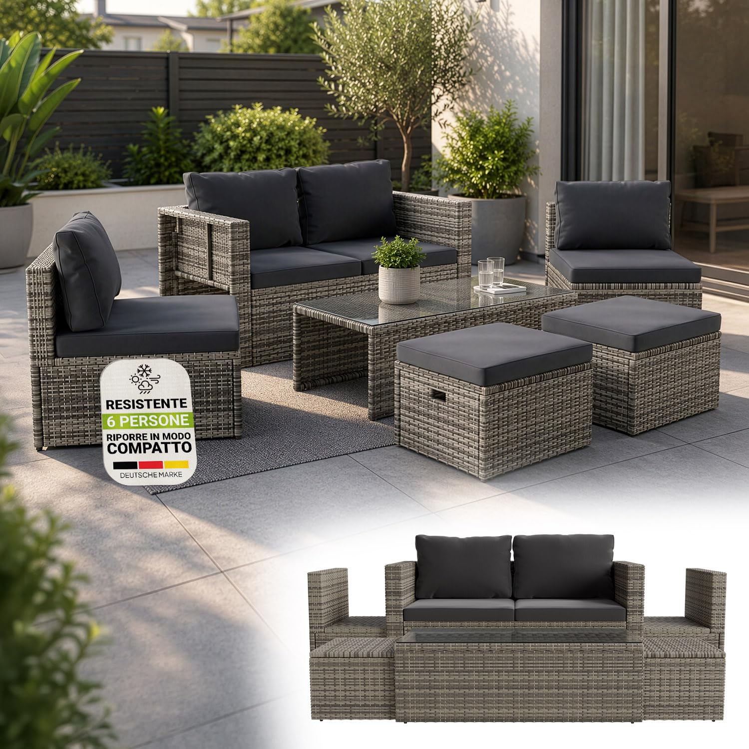 Juskys set di mobili da giardino Salou in polyrattan per 6 persone con tavolo e cuscini grigio