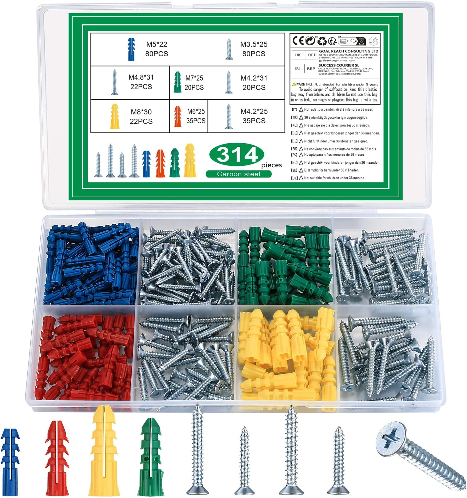 314 Pcs Plaster Board Screws and Wall Plugs Set, Raw Plugs and Screws Set, Masonry screws and Expansion Pipe Bolts, Plasterboard Wall plugs for Brick wall Concrete Drywall