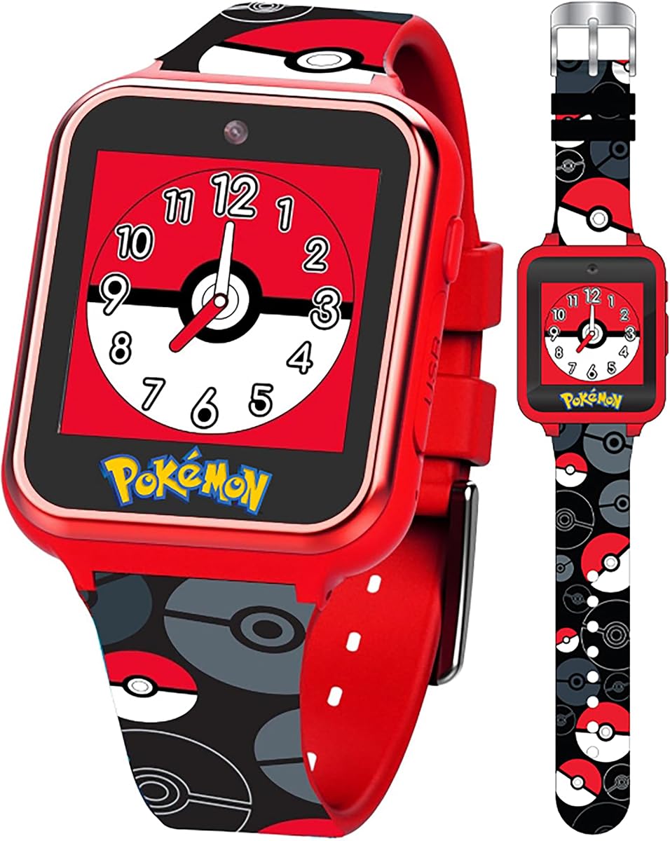 Accutime Pokemon Pokeball Reloj inteligente para niños con pantalla táctil - Reloj educativo interactivo rojo con cámara, alarma, calculadora para niños y niñas - POK4230AZ