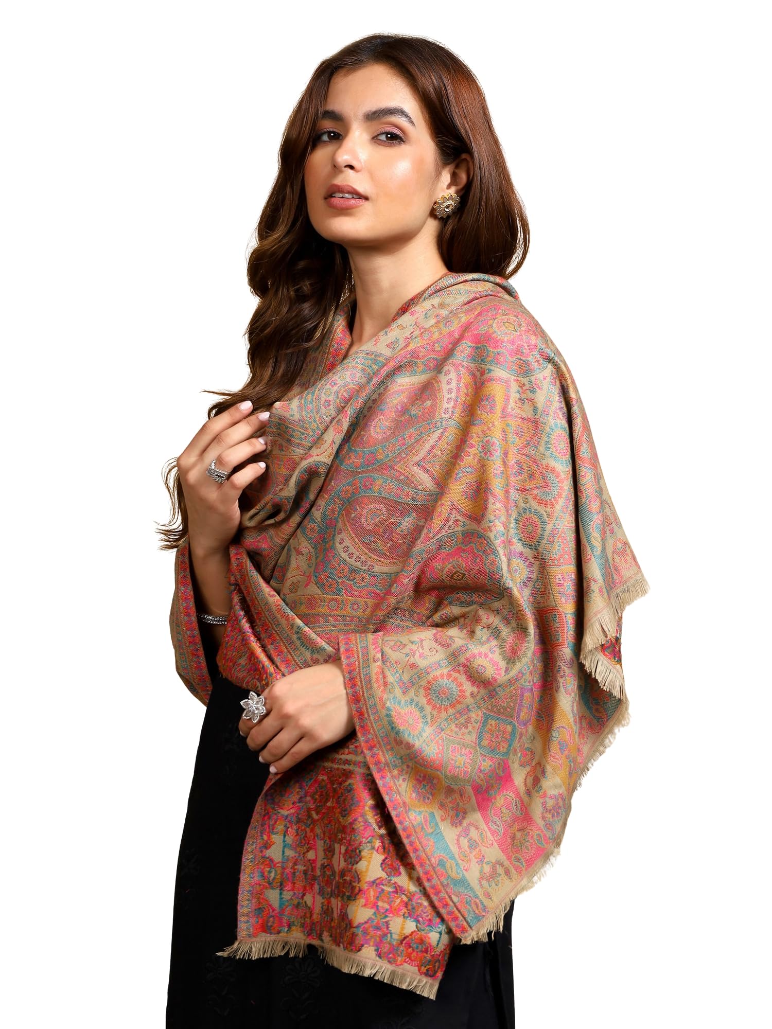 Women Kani Kashmiri Wool Blend Stole (Size: 71 x 203 cm) (Beige)-image-10