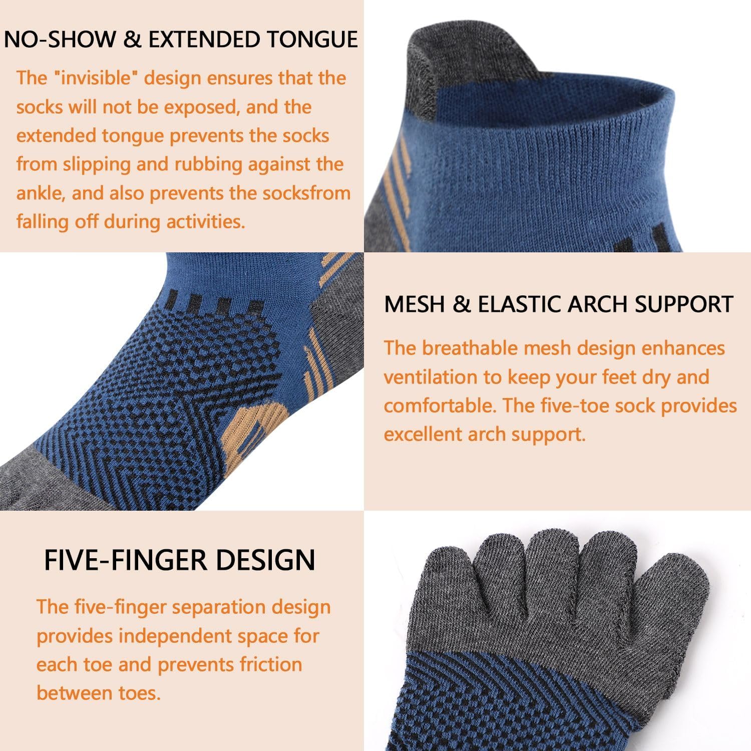 Men's Toe Socks Cotton Athletic Socks No Show Five Finger Sports Socks Arch Support Ankle Socks 6-9/9-12 - Image 4