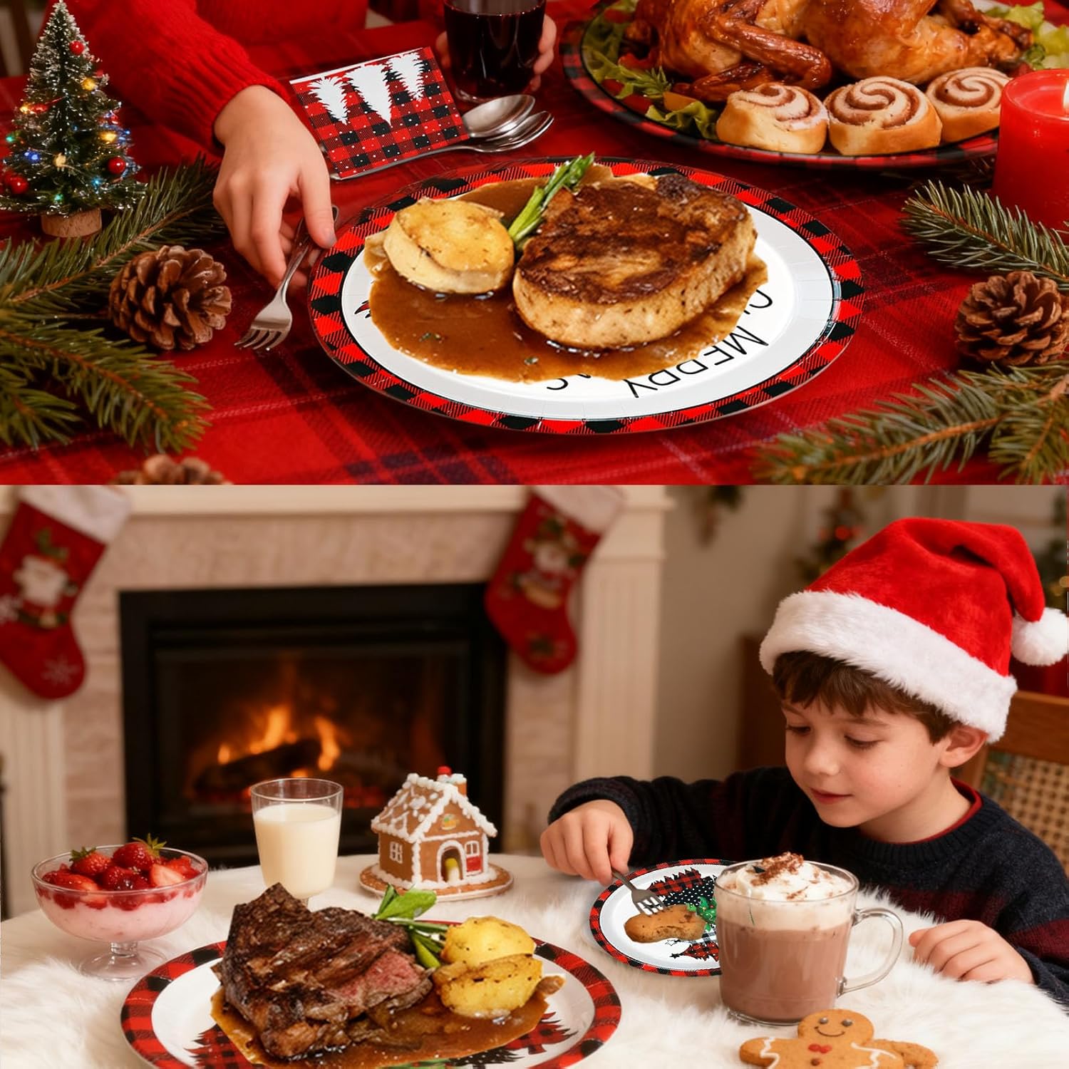 200Pcs Christmas Paper Plates and Napkins Sets, Disposable Buffalo Plaid Christmas Tree Plates and Napkins for Winter Xmas Party Supplies