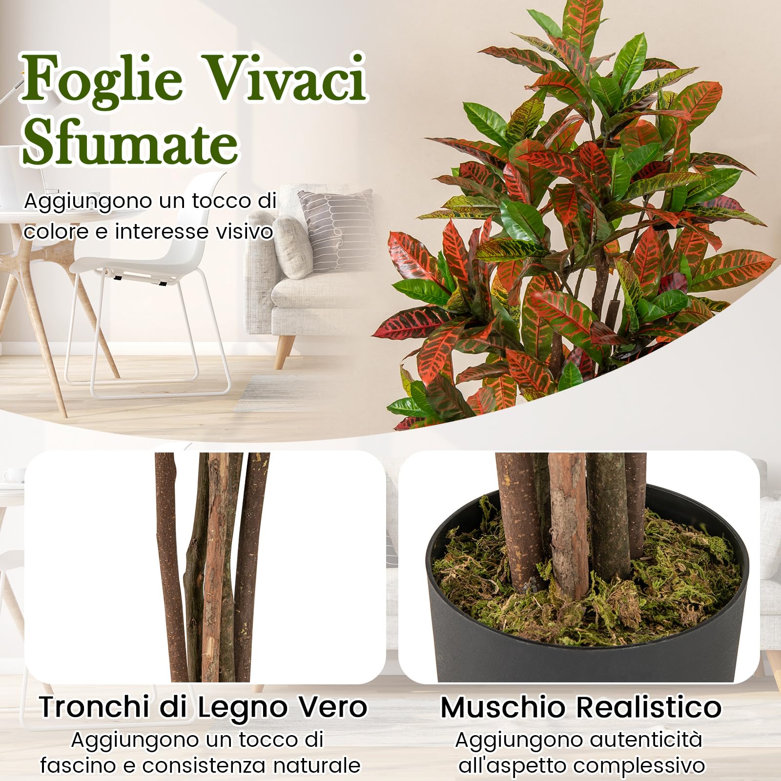 COSTWAY Pianta Finta di Croton 150 cm, Albero Artificiale da Interno ed Esterno, Pianta Tropicale in Vaso con Foglie Sfumate Finte, Ideale per Casa e Ufficio