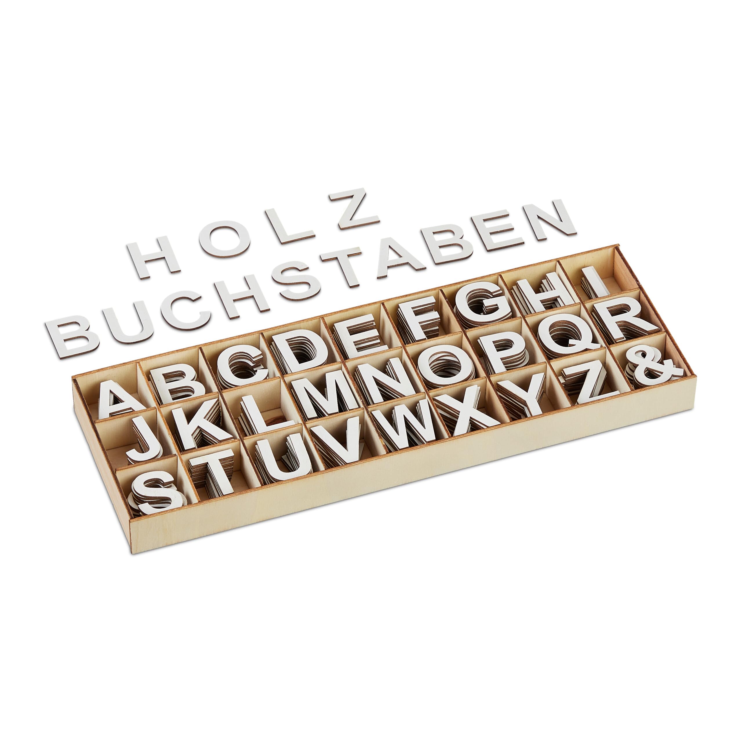 Relaxdays Lettere in Legno, Set da 324 Letterine Maiuscole da A-Z ed & Commerciale, Bricolage e Lavoretti, 3 cm, Bianco