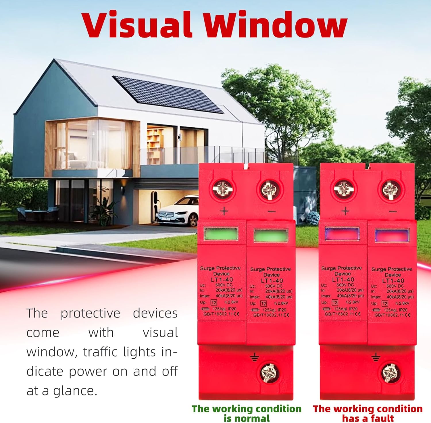 2 Pcs SPD Surge Protector, 2P 40KA DC Arrester with Visual Window and Rail Installation, for Home Solar System and Photovoltaic Panel 500VDC and 1000VDC (500VDC)