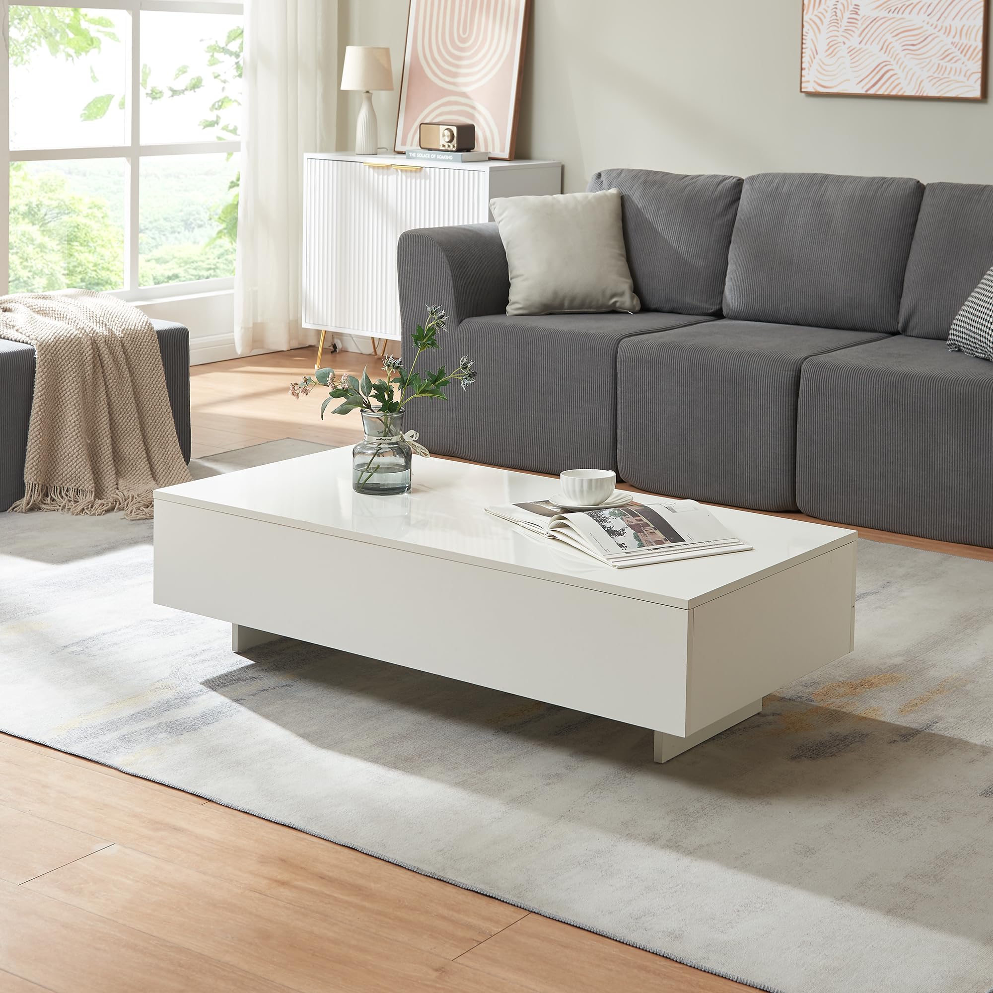[en.casa] Mesa de Centro Braunschweig 115 x 55 x 31 cm Mesa Baja Mesa de Salón Auxiliar Mesa de café Blanco Alto Brillo