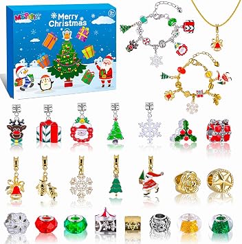 2026 Christmas Advent Calendar, DIY Charm Bracelet Jewelry Kit for Girls | 24-Day Christmas Countdown DIY Charm Jewelry Kit 24 Holiday Surprises Girls Gift Creative Fun