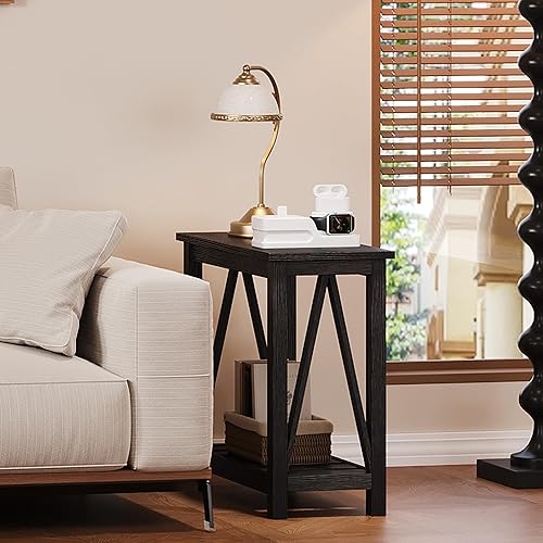 Miniatura 7 de ChooChoo Juego de 2 mesas auxiliares rústicas vintage estrechas con estante de almacenamiento para espacios pequeños, mesita de noche para sala de