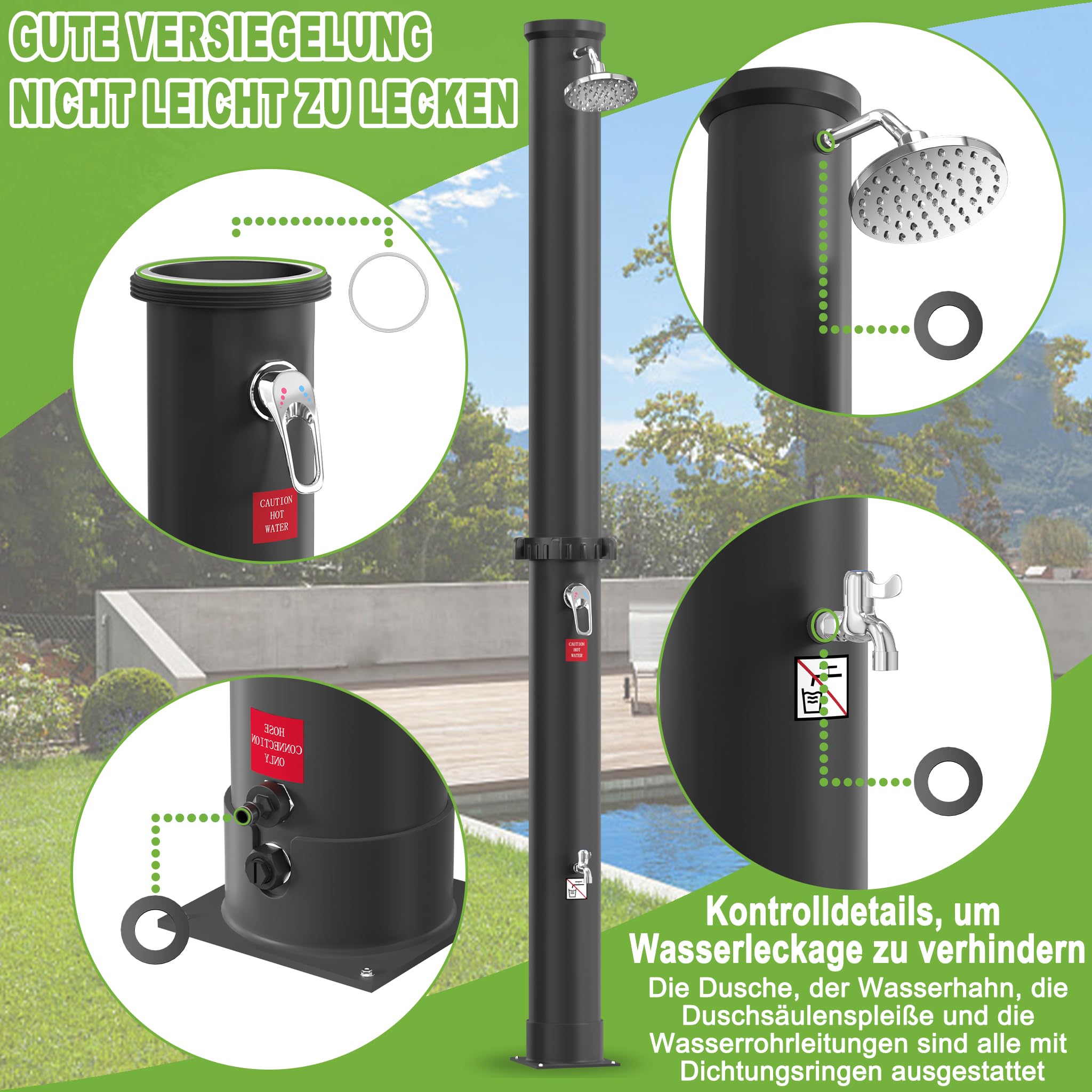 Froadp 35L Solarny System Prysznicowy do Ogrodu Temperatura Wody do 60℃ Prysznic Solarny z Obracającą się o 180° Głowicą Deszczową i Podłączenie Węża Ogrodowego Prysznic Basenowy (Srebrny)