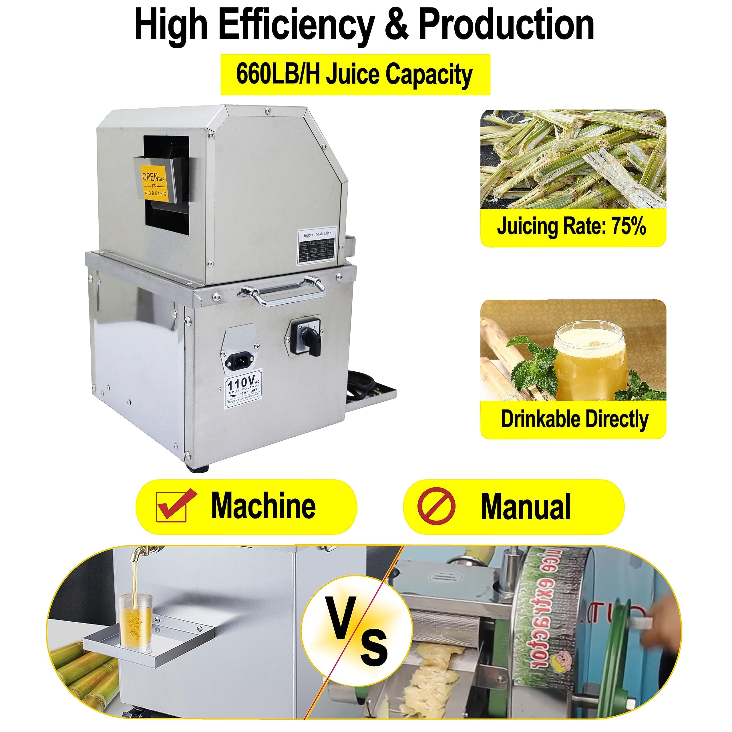TECHTONGDA 110V 800W Electric Sugar Cane Juicer Machine 3 Rolls Sugarcane Juice Extractor Squeezer 3 Stainless Steel Rollers for Commercial 2 Peeling Knives 660 LBSH product thumbnail 6