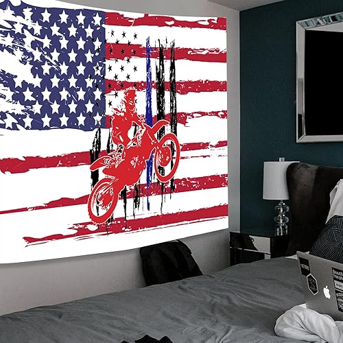 Miniatura 5 de Emwnodti Tapiz de motocross con bandera estadounidense para colgar en la pared, diseño de bandera de Estados Unidos, decoración de pared de moto,