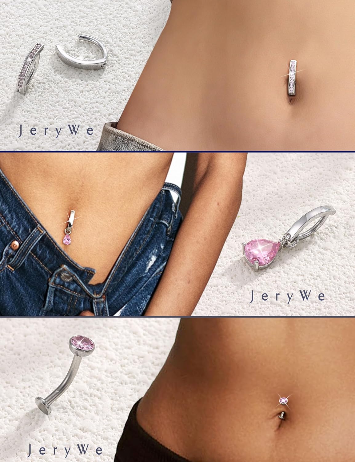JeryWe 10-12mm Floating Belly Button Ring 𝐃𝐚𝐧𝐠𝐥𝐞 Hypoallergenic Surgical Stainless Steel belly rings for Women CZ Pearl Clicker Navel Piercing Jewelry Pack Navel Rings Body Jewelry - Image 2