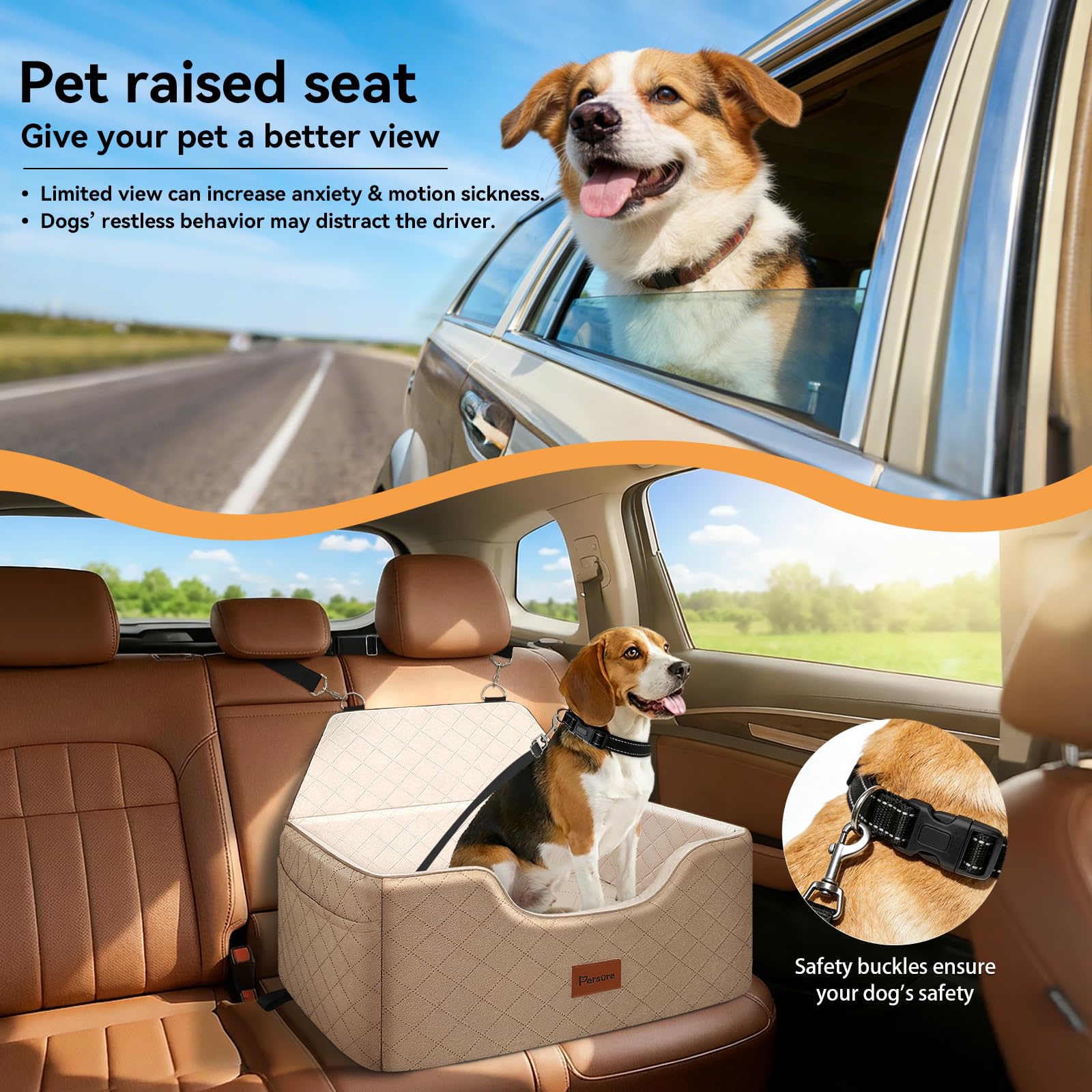 Persure Hunde-Autositz für große und mittelgroße Hunde, abnehmbarer, waschbarer Hunde-Sitz, Haustier-Reisebett mit Aufbewahrungstaschen und Sicherheitsgurt für Hunde, Kaffee, Größe L