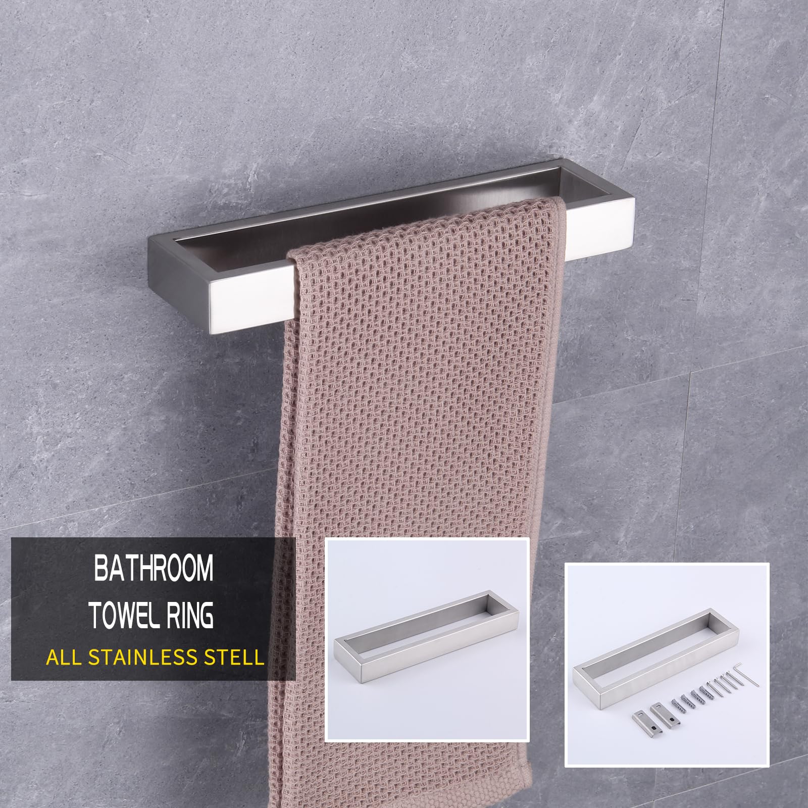 Juego de accesorios de baño de 2 piezas de acero inoxidable contemporáneo montado en la pared - Soporte para papel higiénico con anillos de toalla, acabado cepillado HG1708-2LS 9